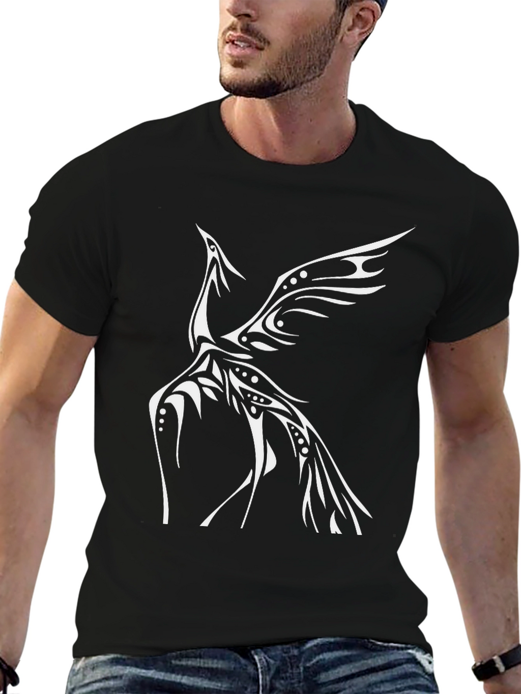 Black T-Shirt with Tribal Phoenix Design
