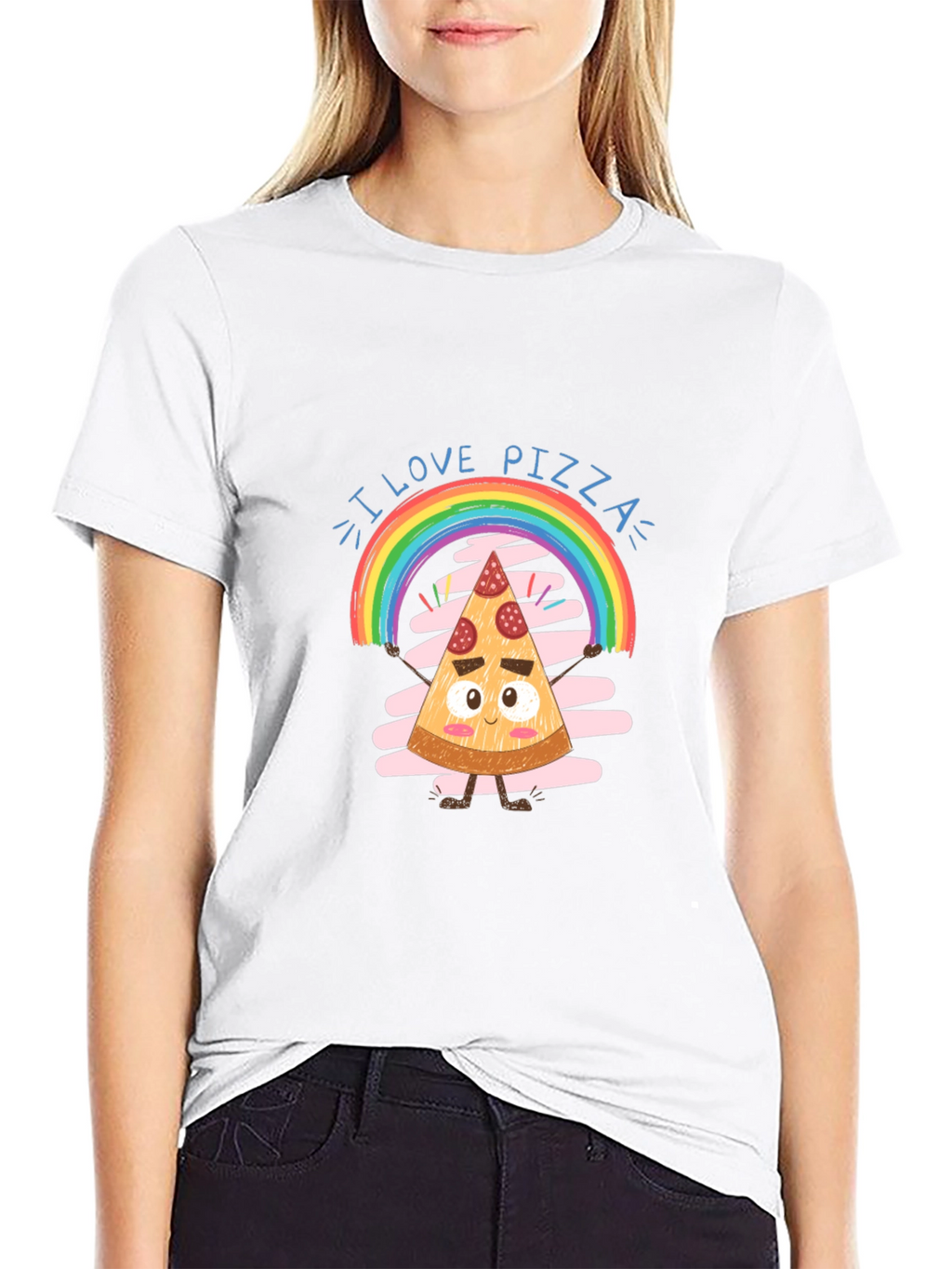 I Love Pizza Graphic Tee Rainbow Slice Black Cotton