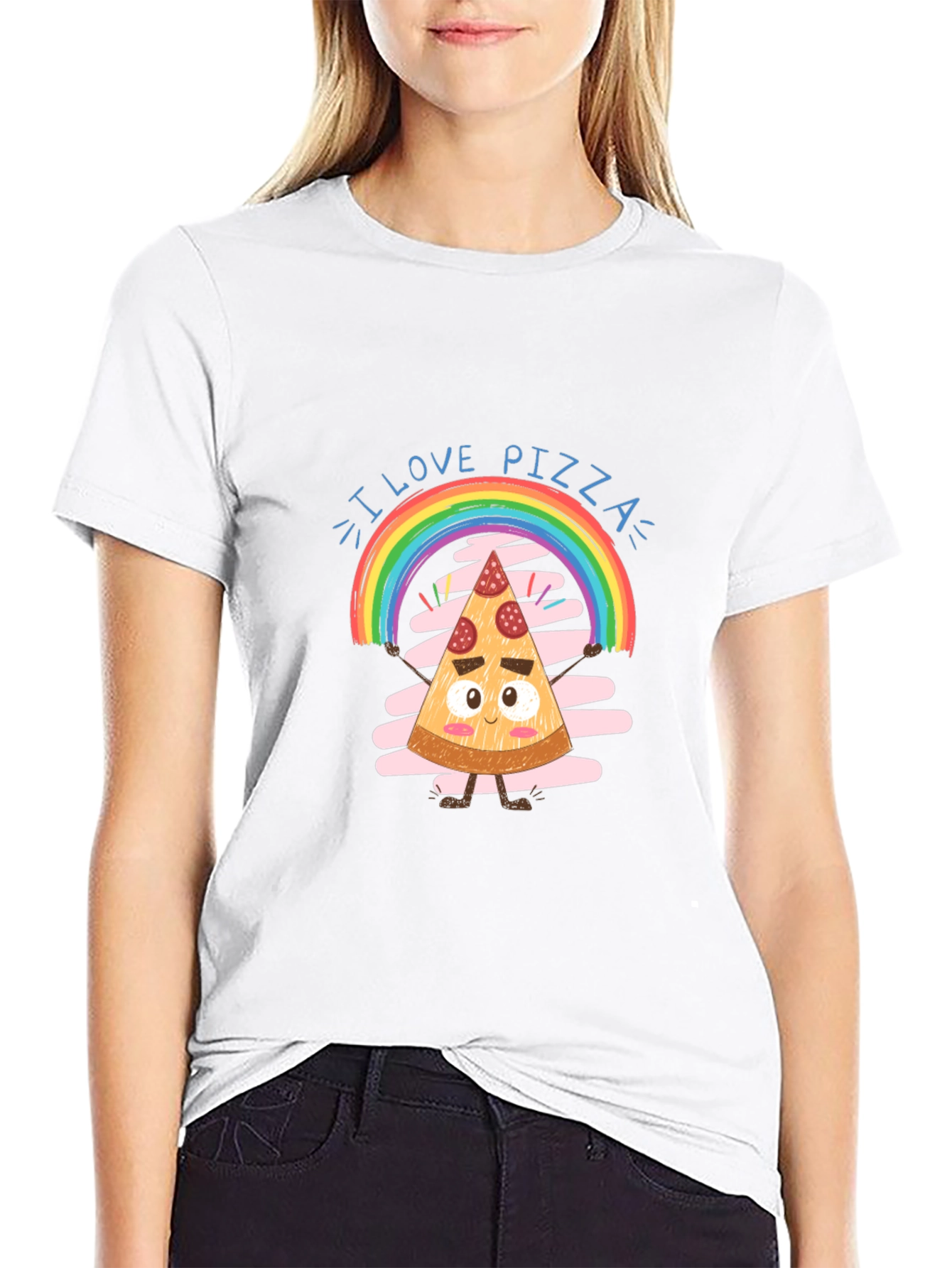 I Love Pizza Graphic Tee Rainbow Slice Black Cotton