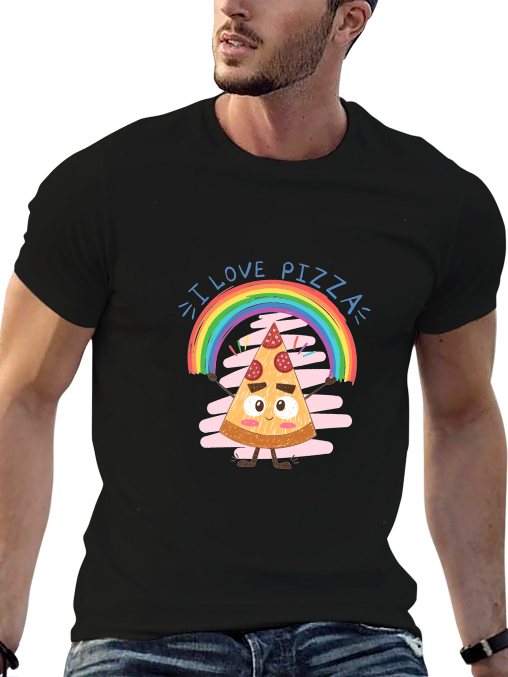 I Love Pizza Graphic Tee Rainbow Slice Black Cotton