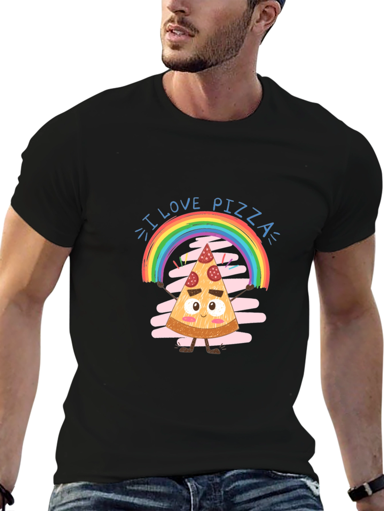 I Love Pizza Graphic Tee Rainbow Slice Black Cotton