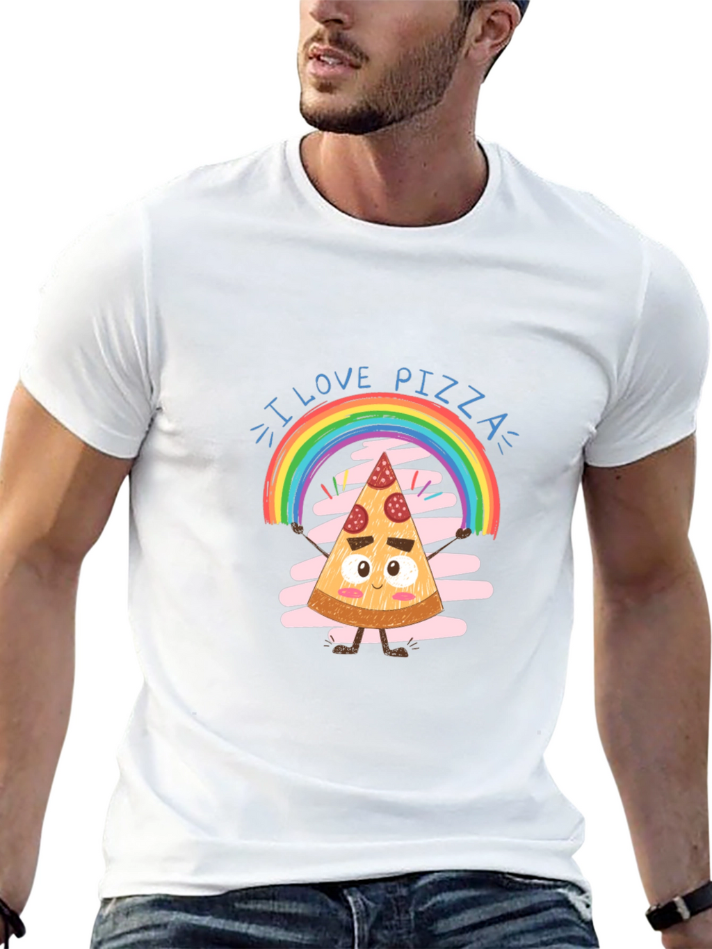 I Love Pizza Graphic Tee Rainbow Slice Black Cotton