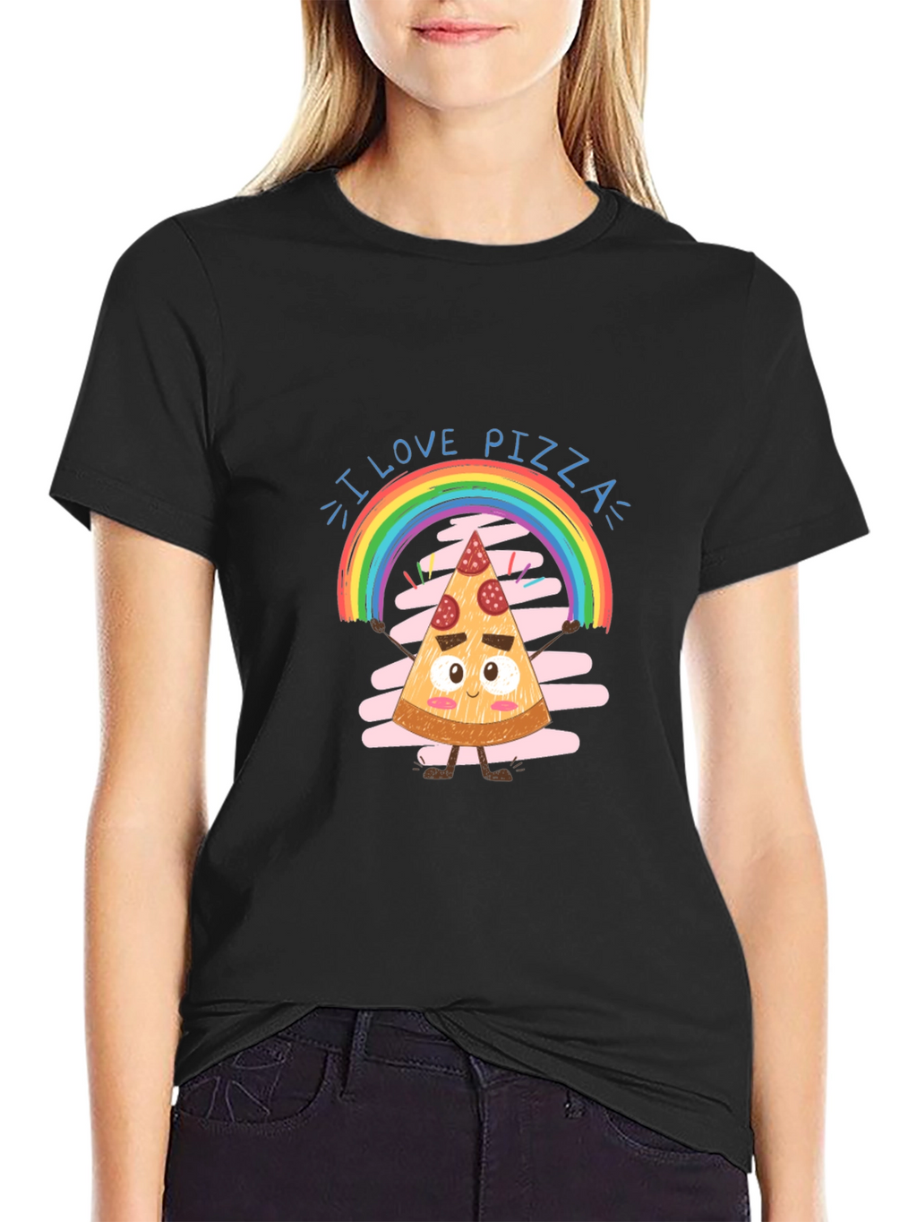 I Love Pizza Graphic Tee Rainbow Slice Black Cotton