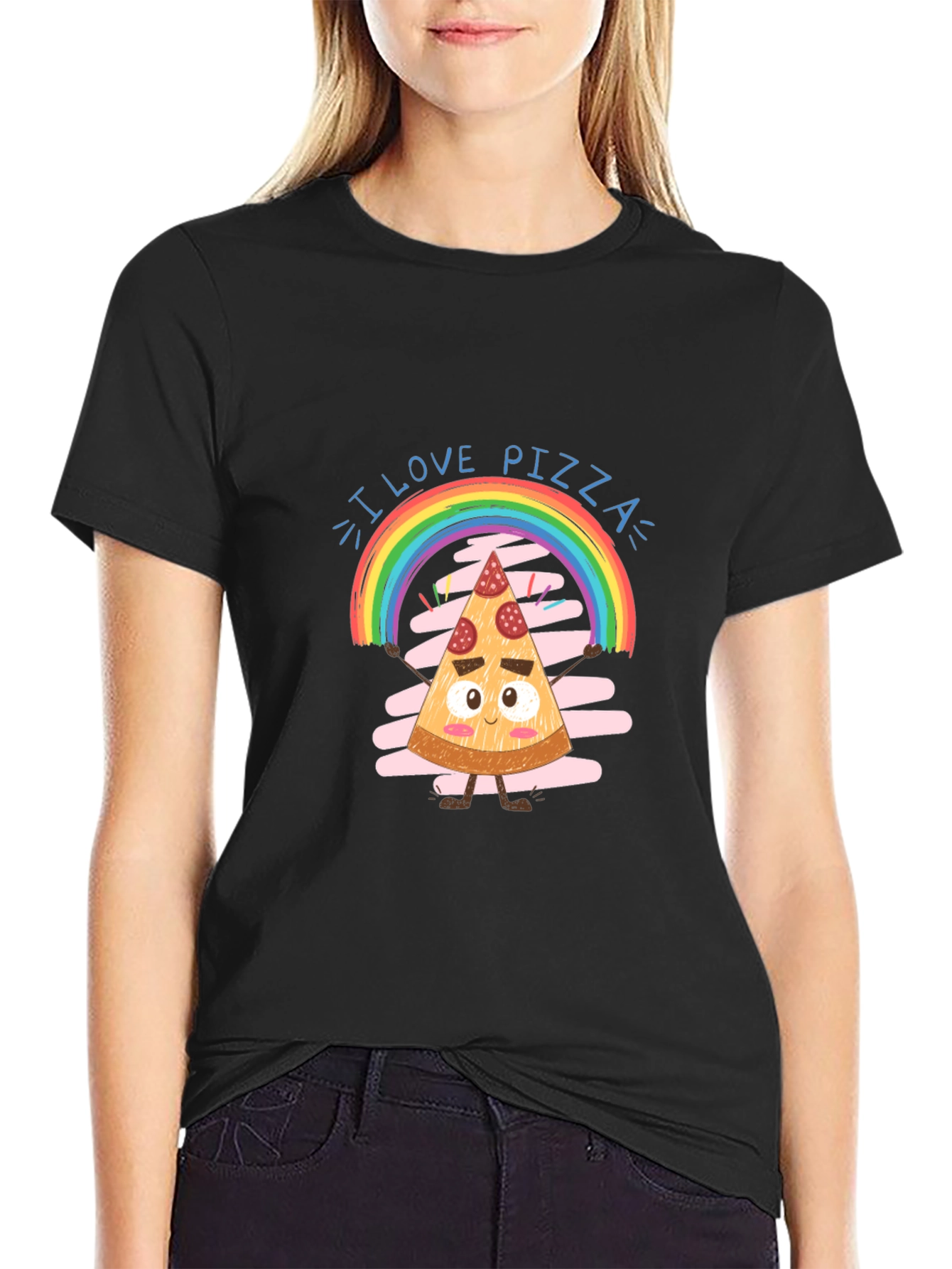 I Love Pizza Graphic Tee Rainbow Slice Black Cotton
