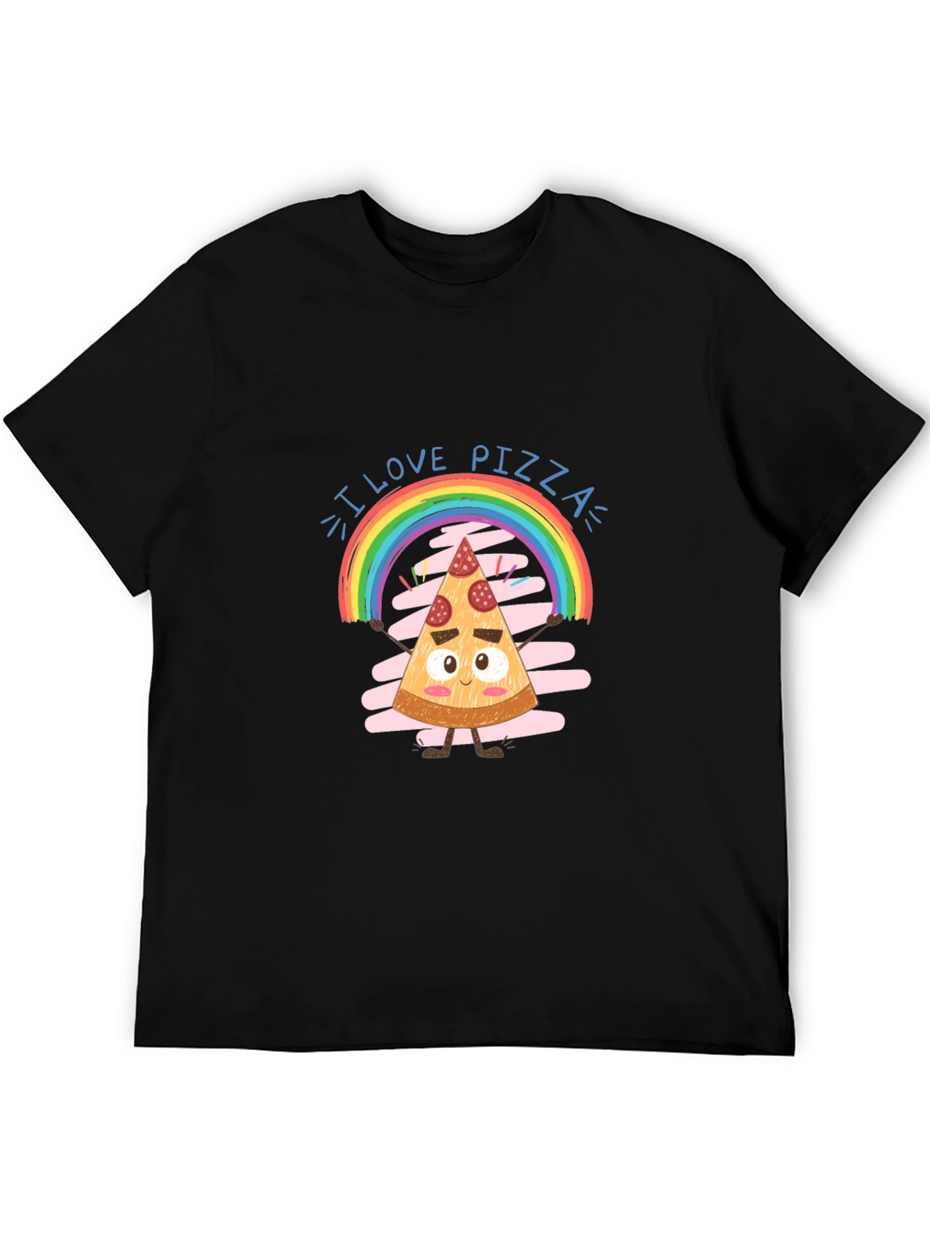 I Love Pizza Graphic Tee Rainbow Slice Black Cotton