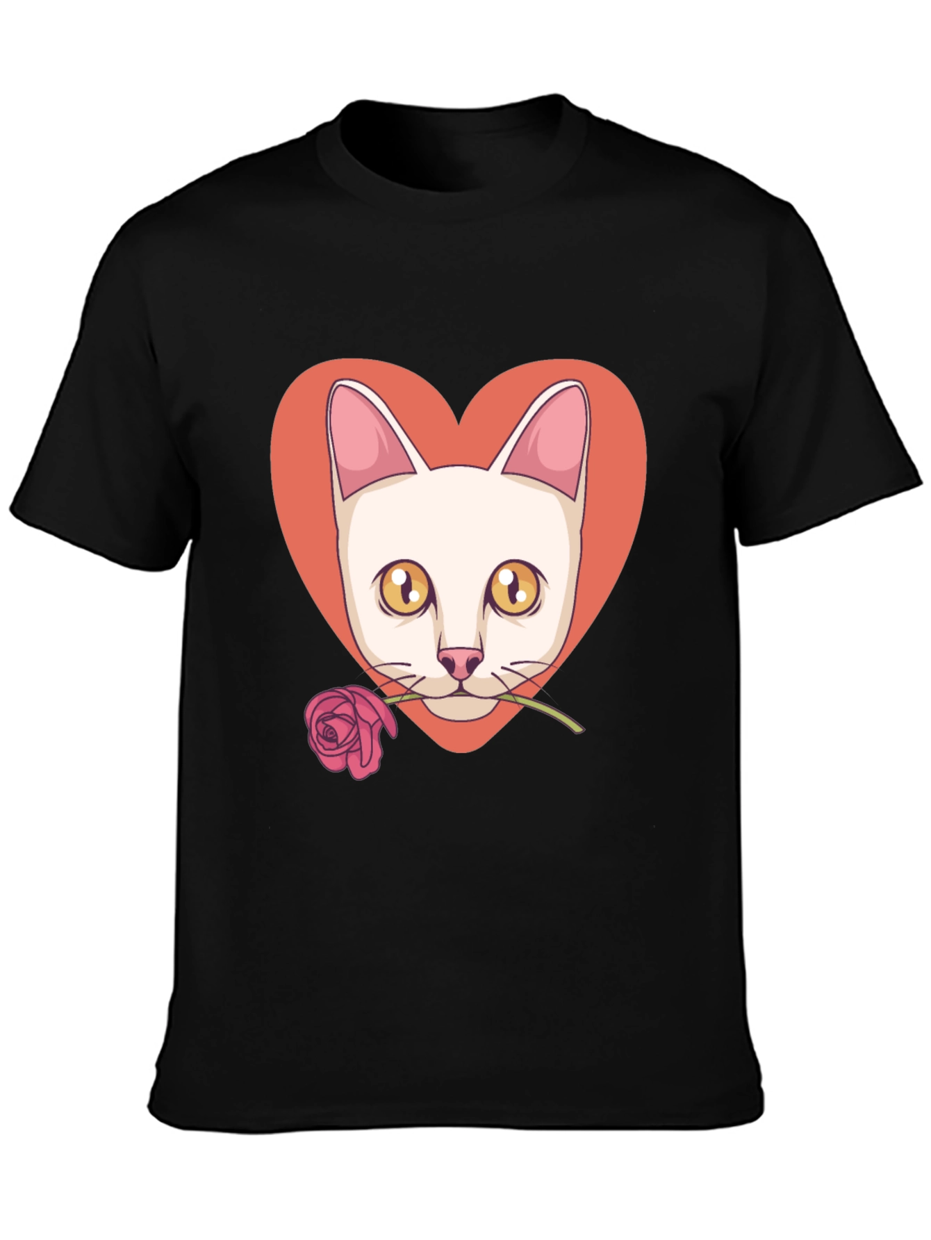 Cat & Rose Heart Graphic T-Shirt - Black