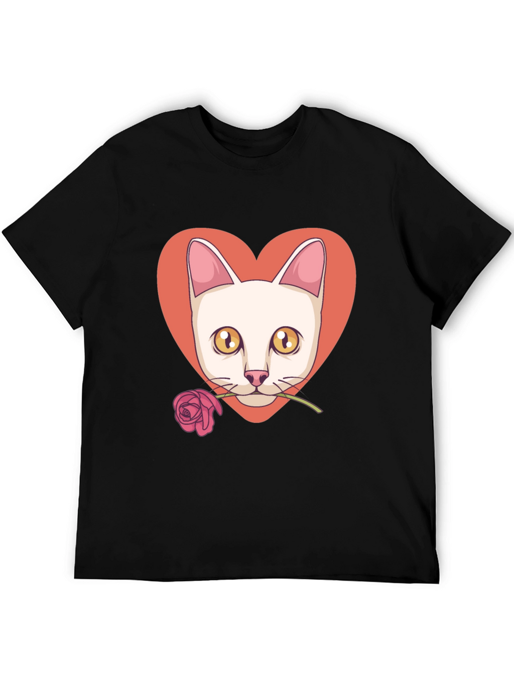 Cat & Rose Heart Graphic T-Shirt - Black