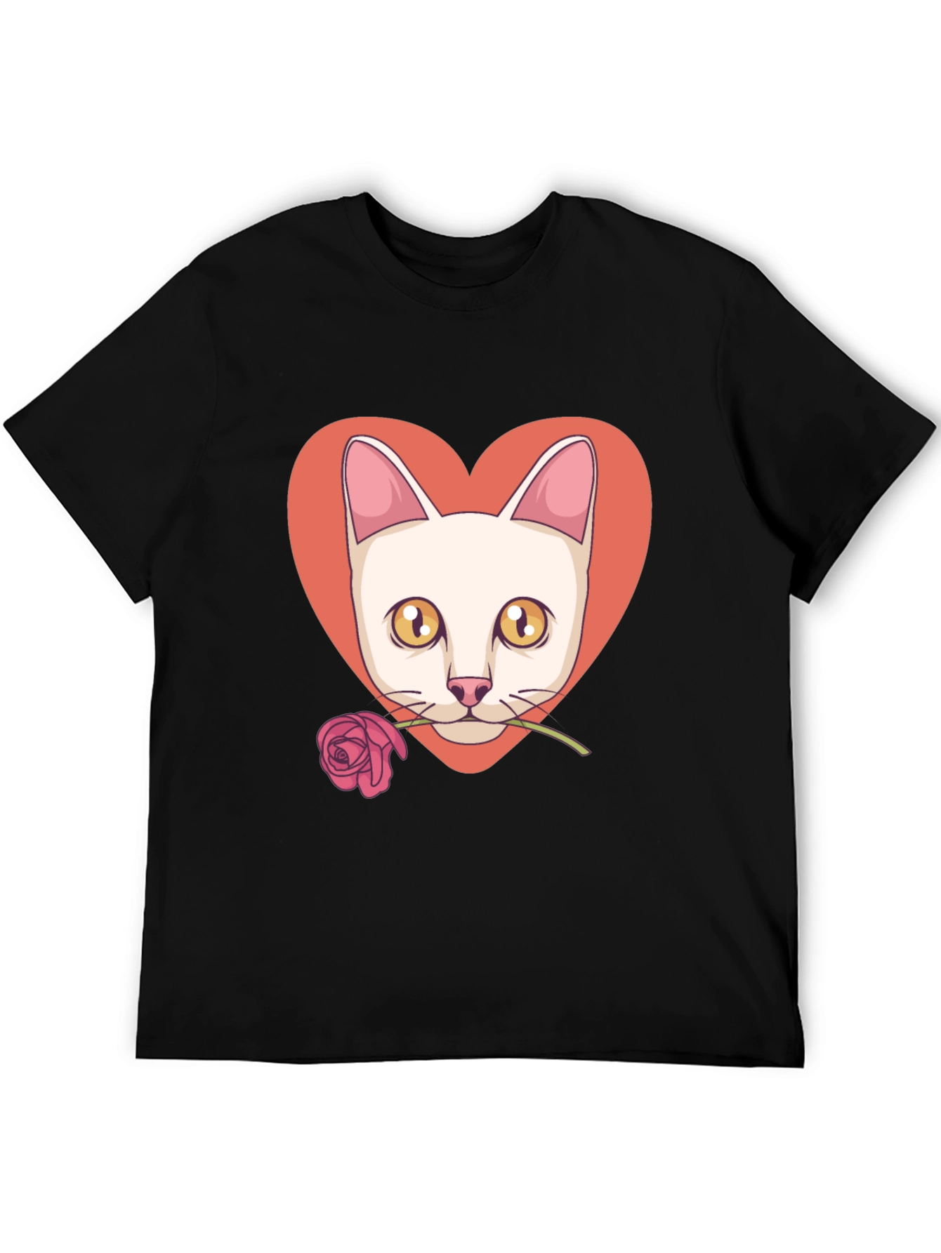Cat & Rose Heart Graphic T-Shirt - Black