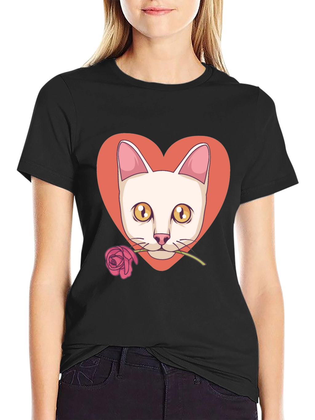 Cat & Rose Heart Graphic T-Shirt - Black