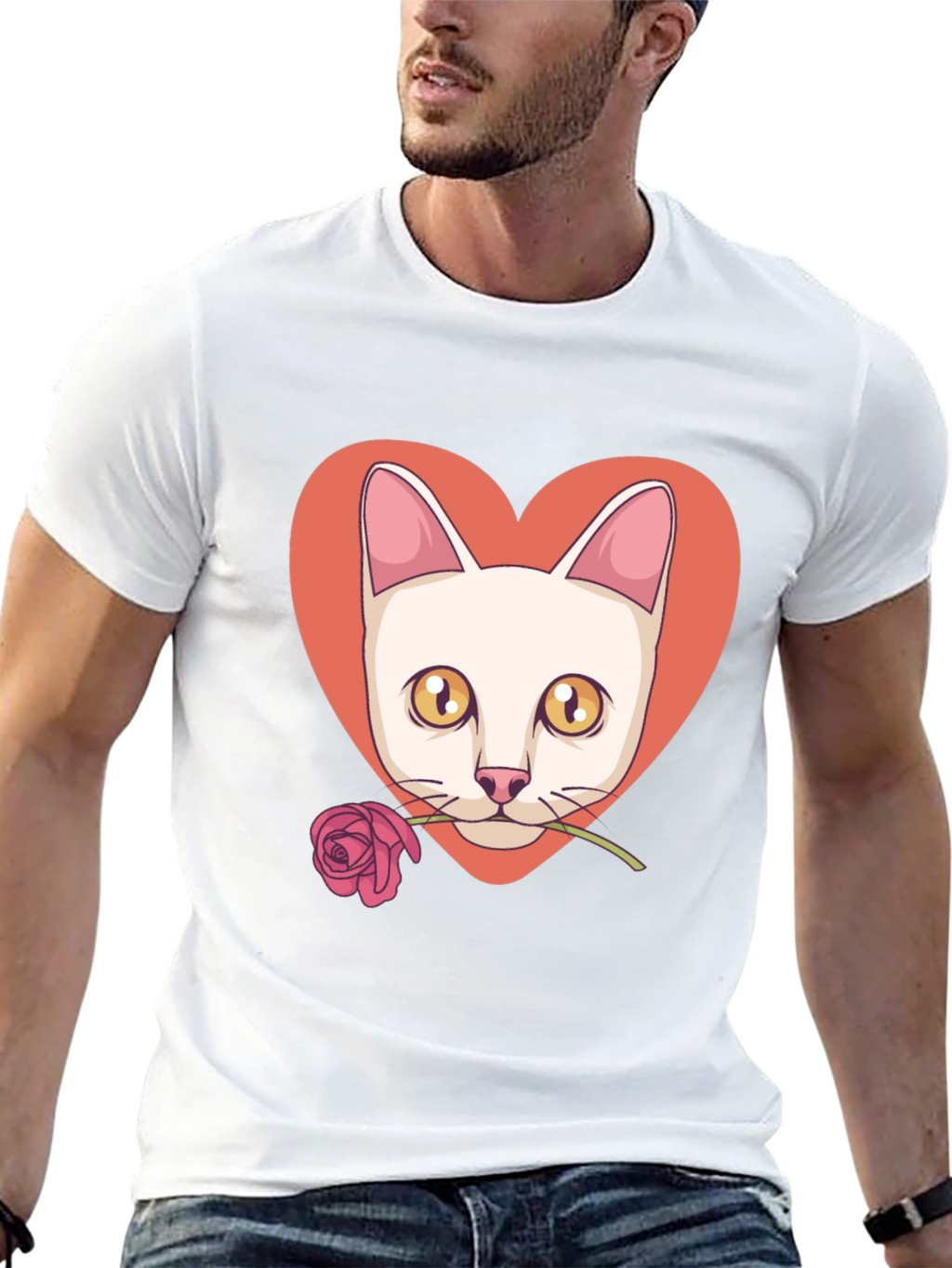 Cat & Rose Heart Graphic T-Shirt - Black