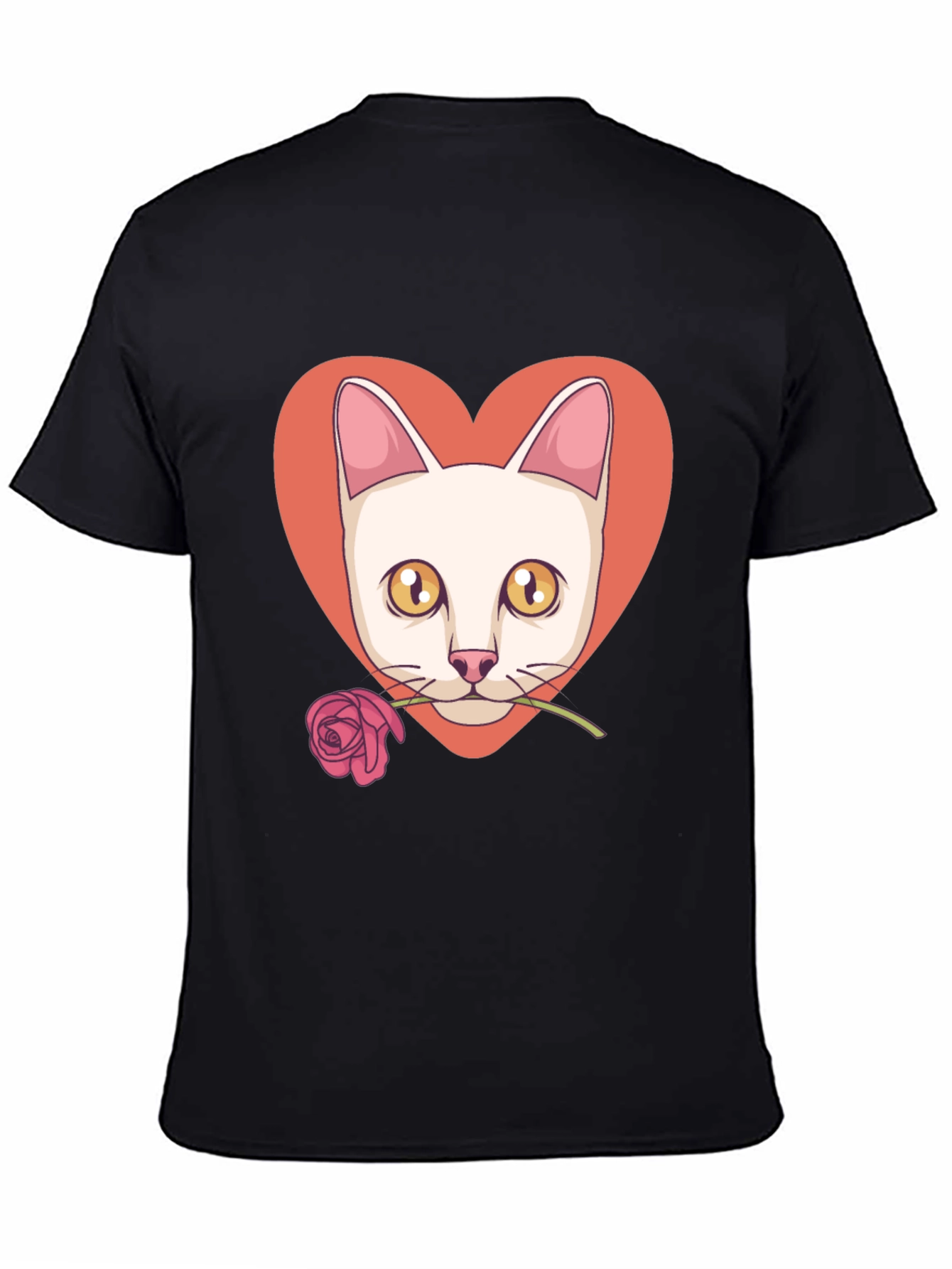 Cat & Rose Heart Graphic T-Shirt - Black