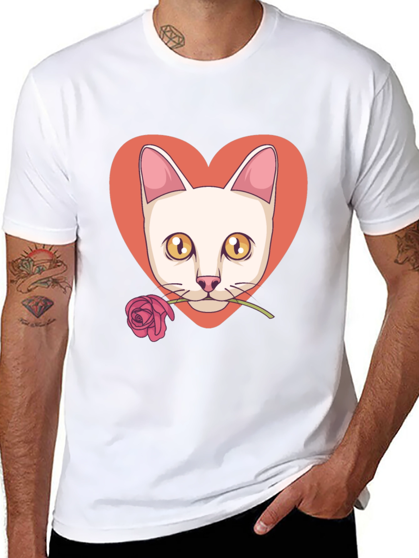 Cat & Rose Heart Graphic T-Shirt - Black