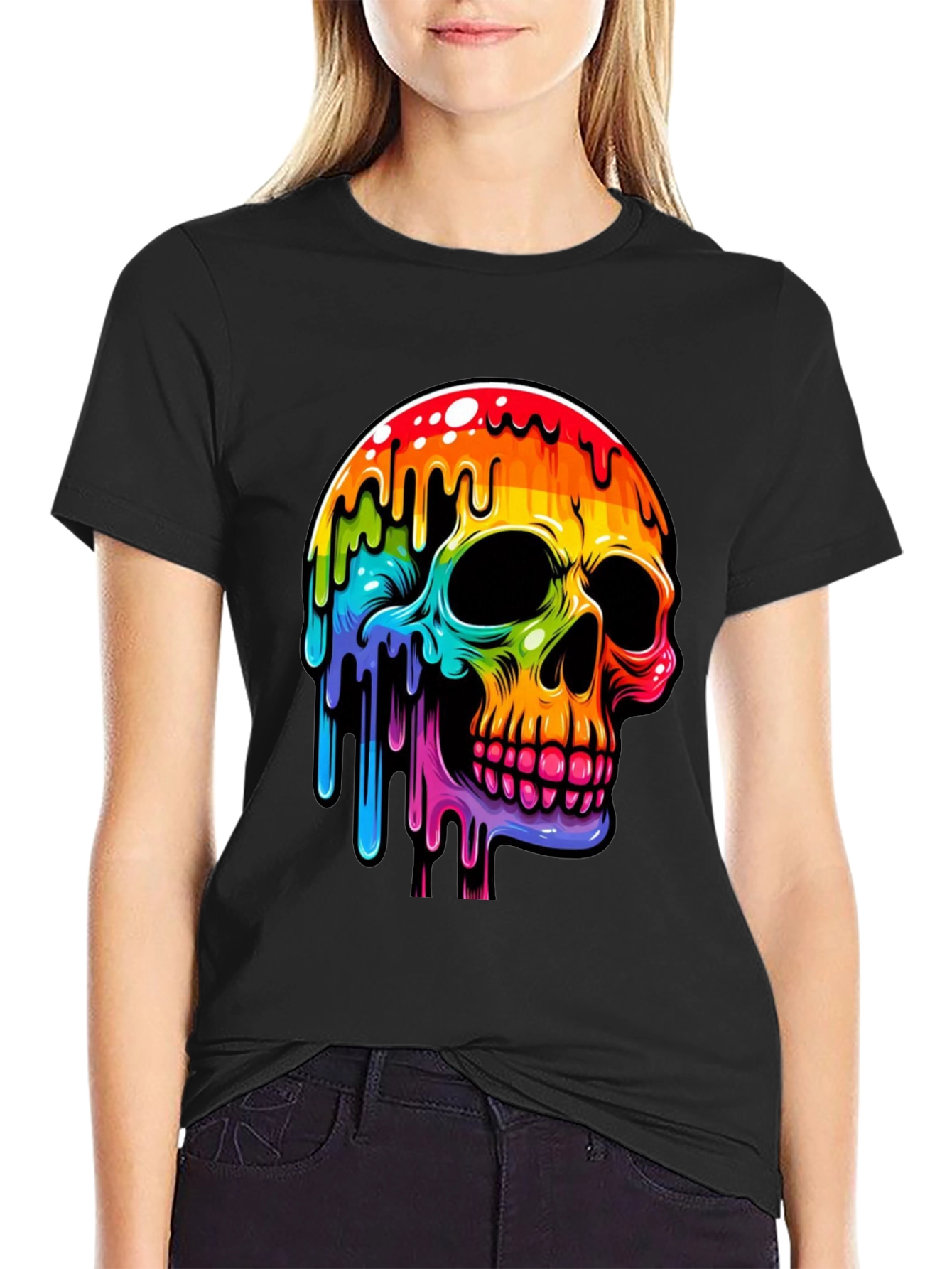 Rainbow Dripping Skull Graphic Tee - Black