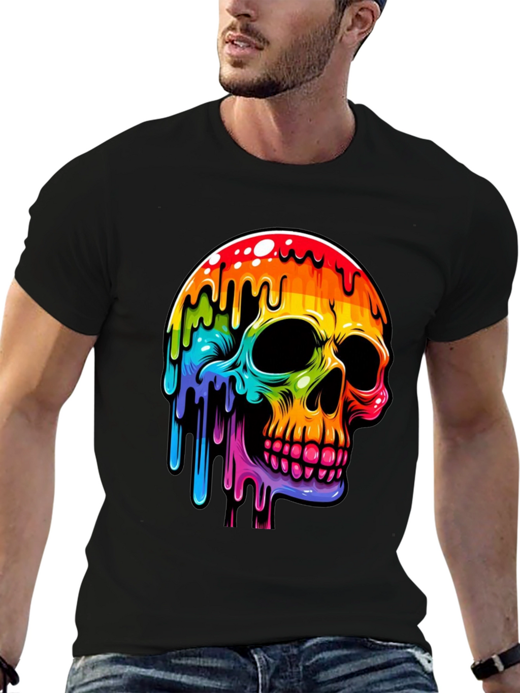 Rainbow Dripping Skull Graphic Tee - Black