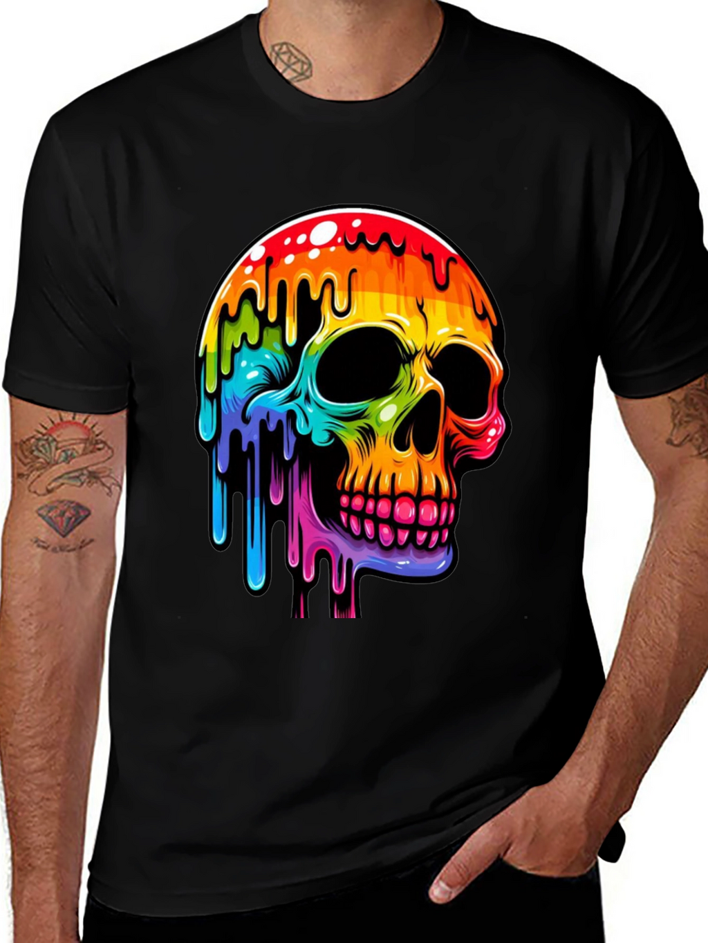 Rainbow Dripping Skull Graphic Tee - Black