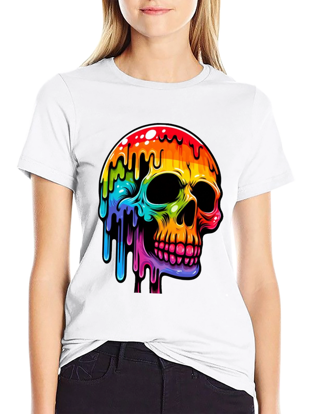 Rainbow Dripping Skull Graphic Tee - Black