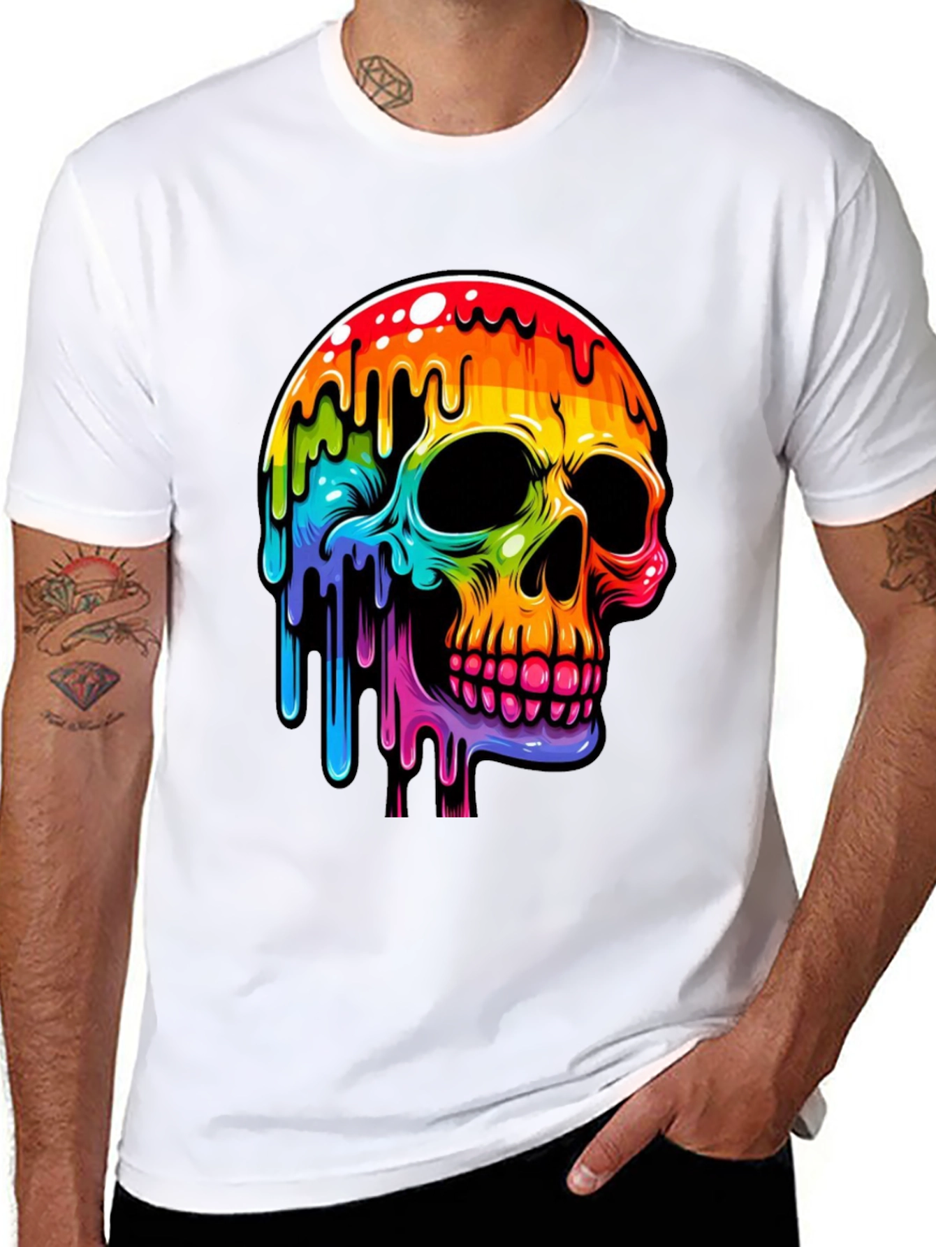 Rainbow Dripping Skull Graphic Tee - Black