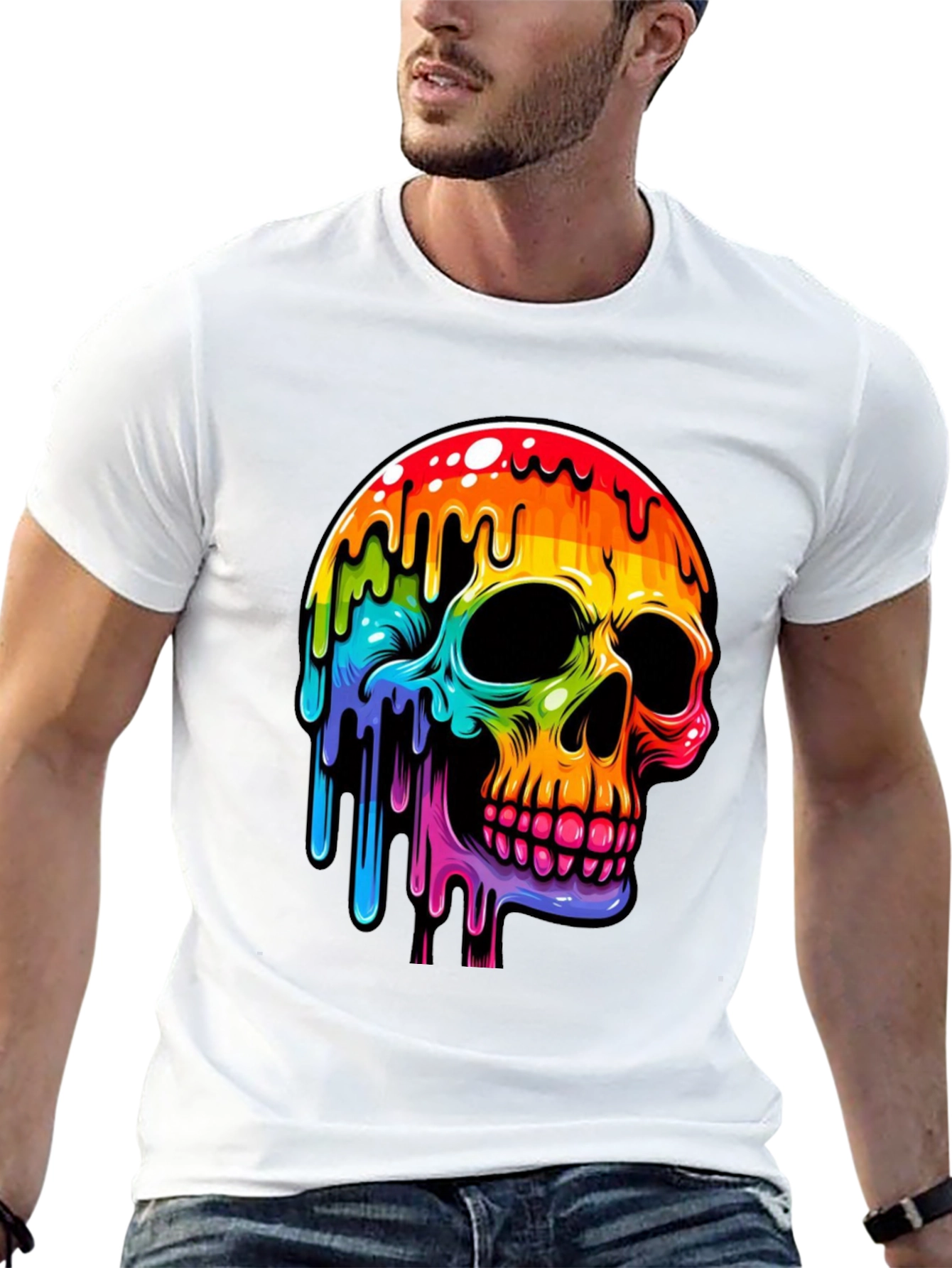 Rainbow Dripping Skull Graphic Tee - Black