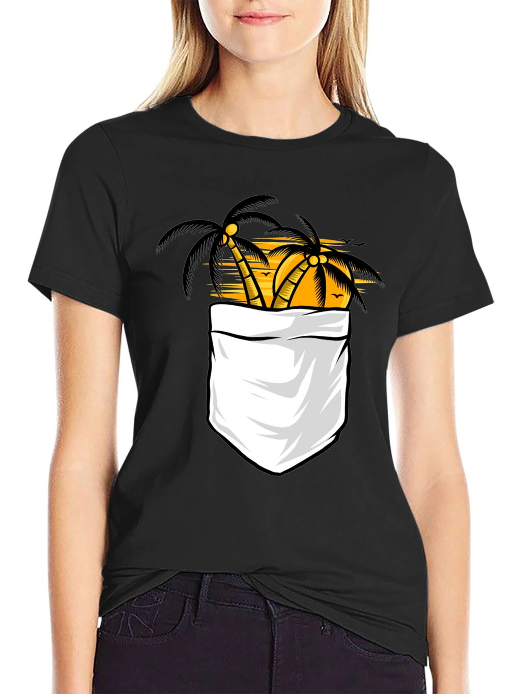 Tropical Palm Tree Pocket Print Black T-Shirt