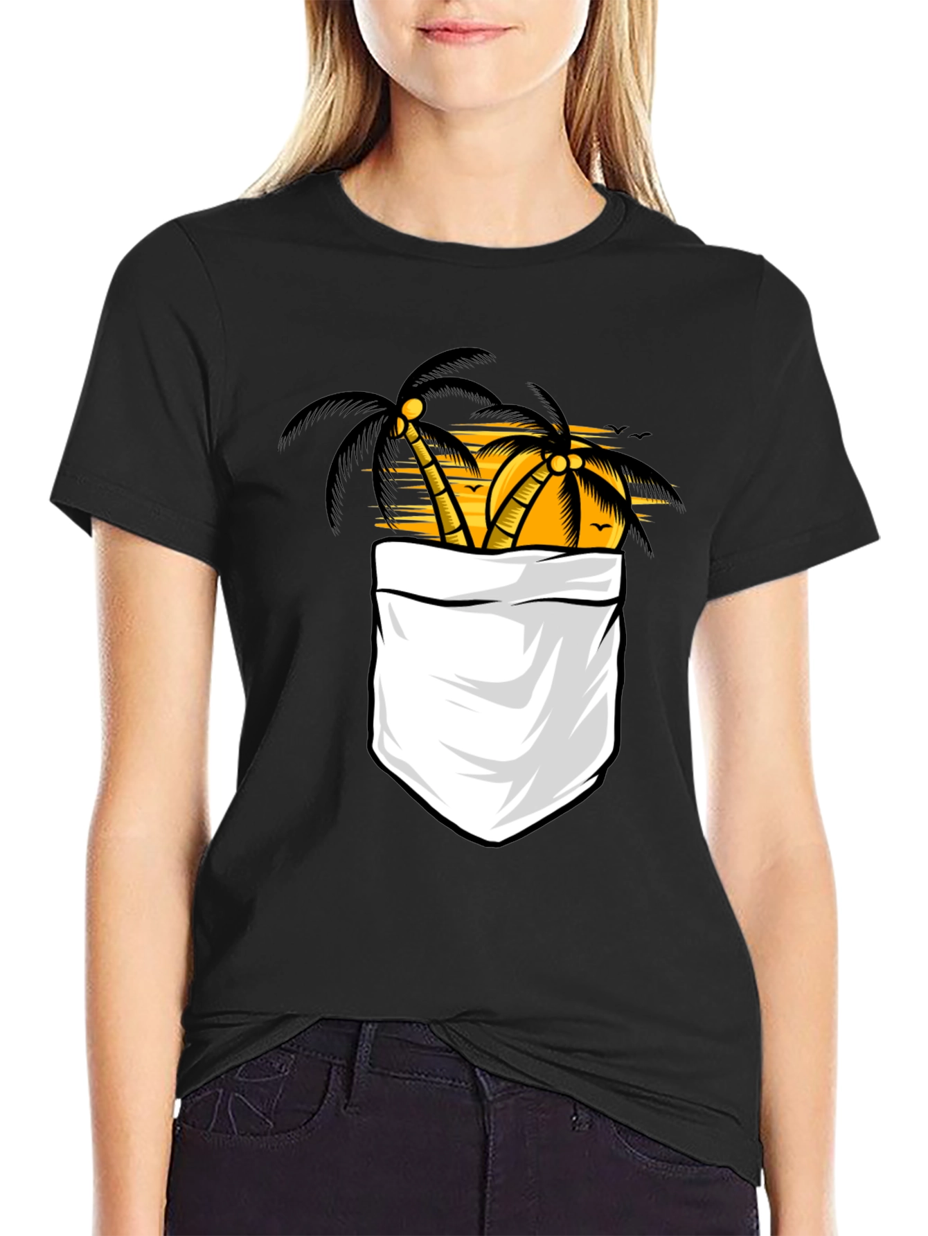 Tropical Palm Tree Pocket Print Black T-Shirt