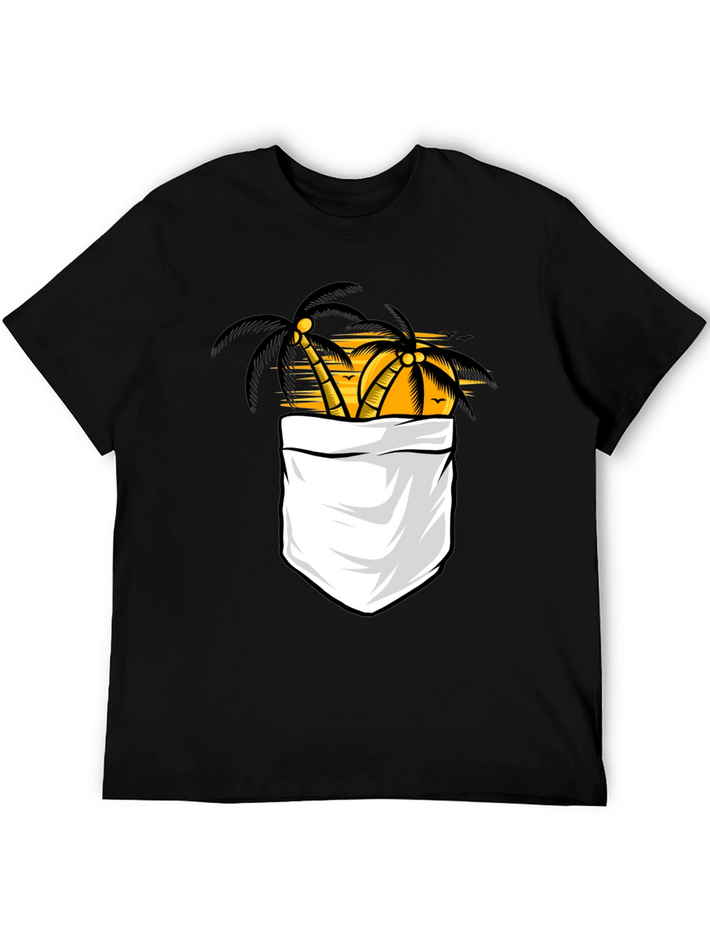 Tropical Palm Tree Pocket Print Black T-Shirt