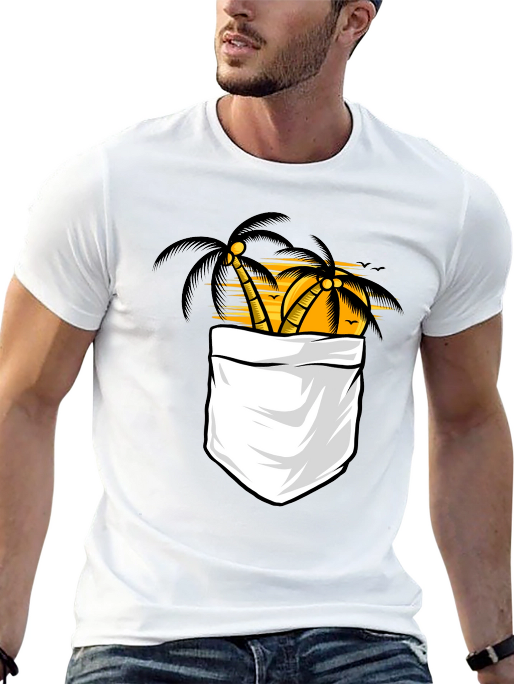 Tropical Palm Tree Pocket Print Black T-Shirt