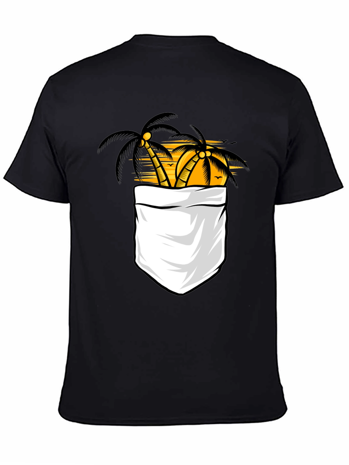 Tropical Palm Tree Pocket Print Black T-Shirt