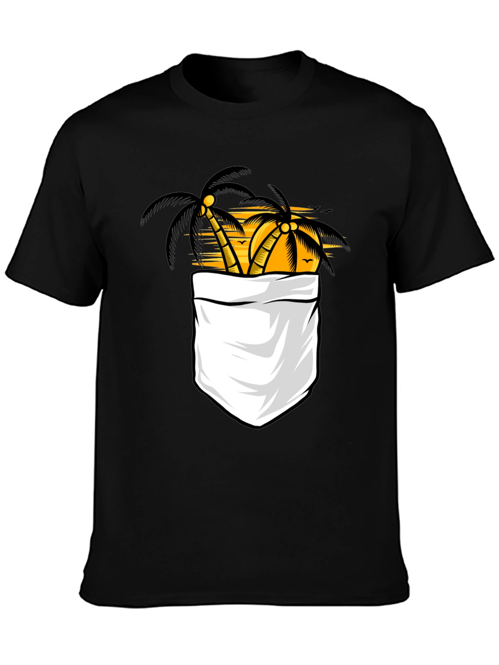 Tropical Palm Tree Pocket Print Black T-Shirt