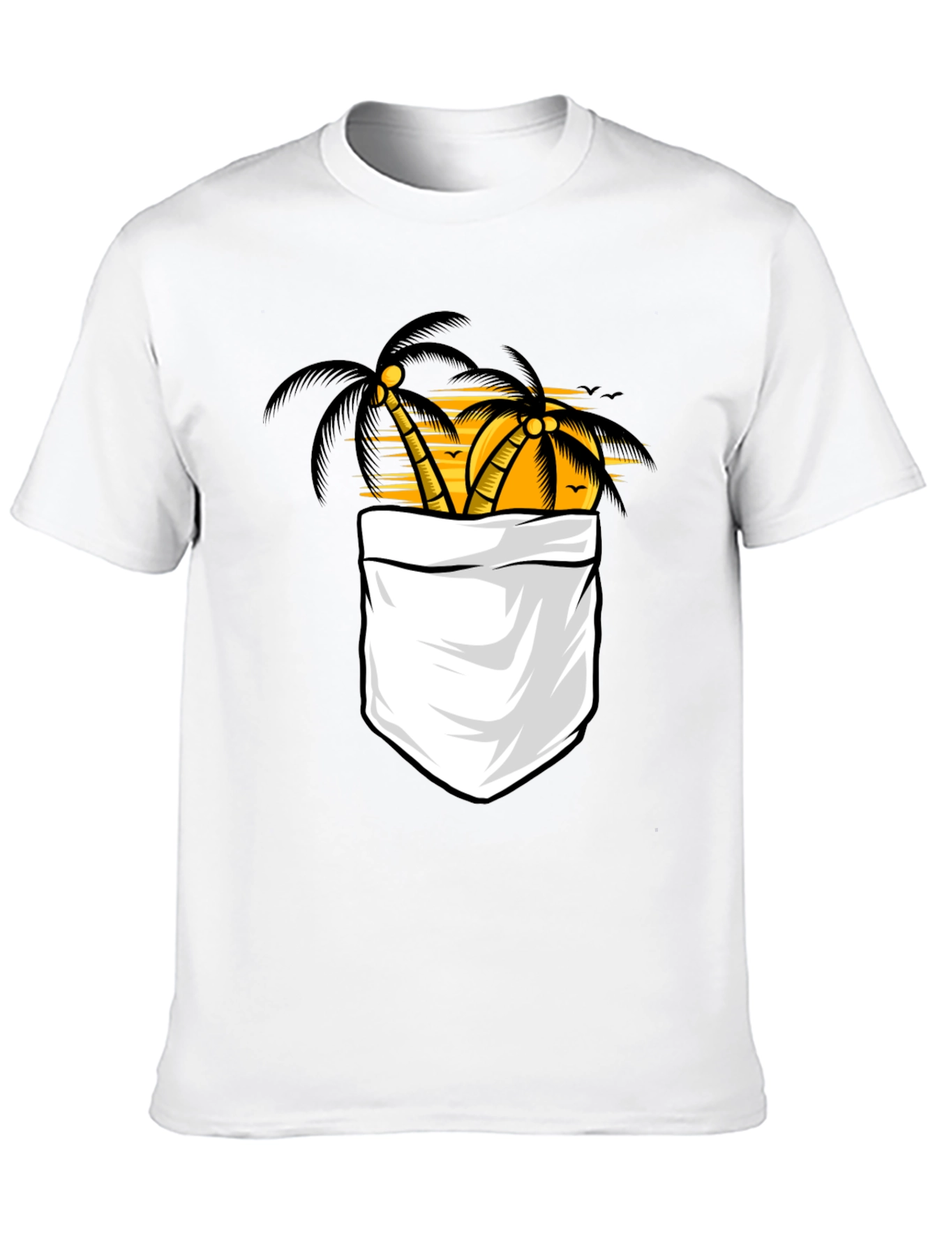 Tropical Palm Tree Pocket Print Black T-Shirt
