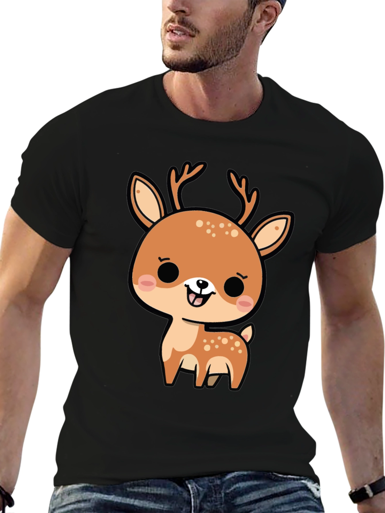 Cute Cartoon Deer Graphic Black T-Shirt
