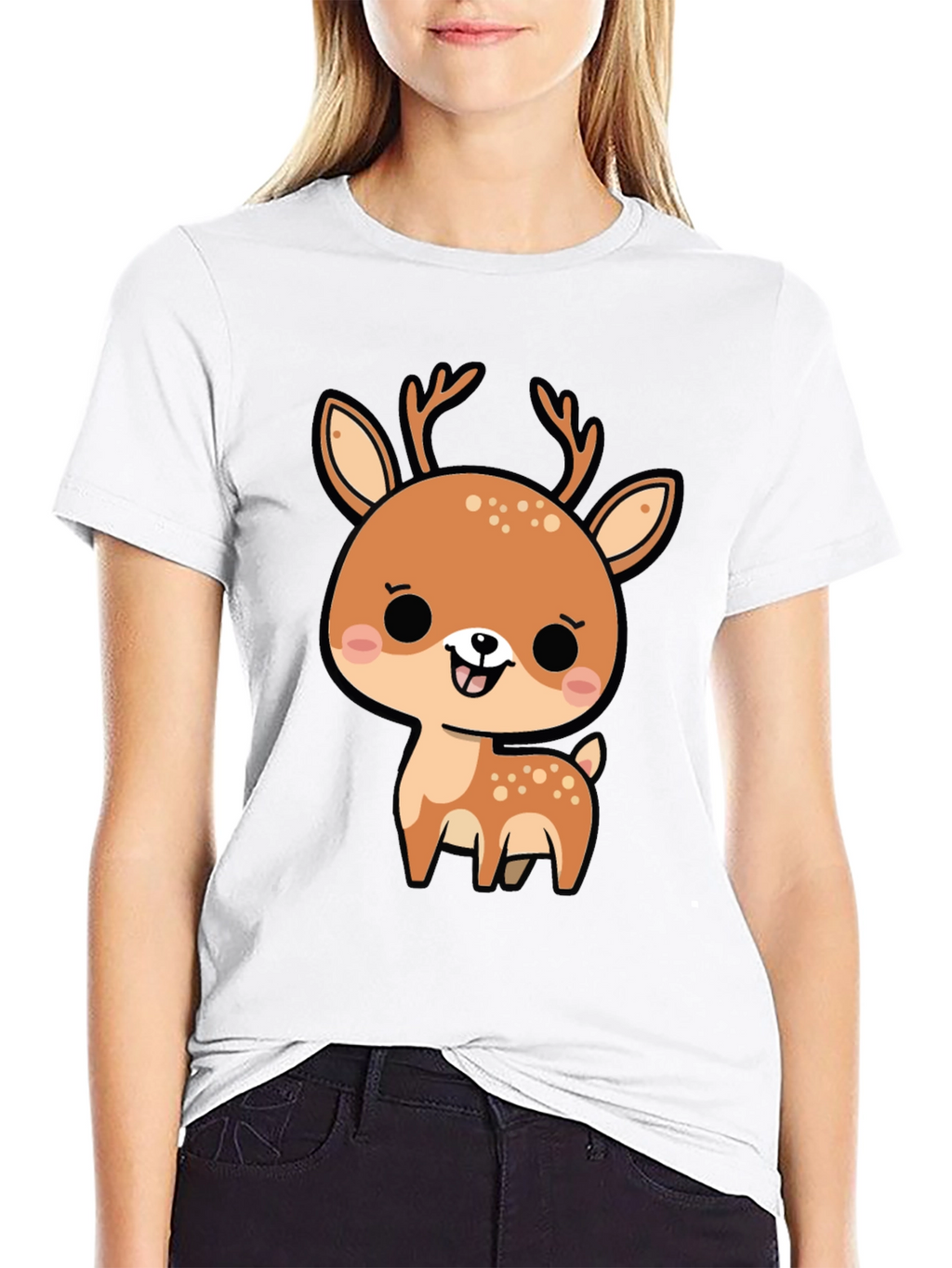 Cute Cartoon Deer Graphic Black T-Shirt