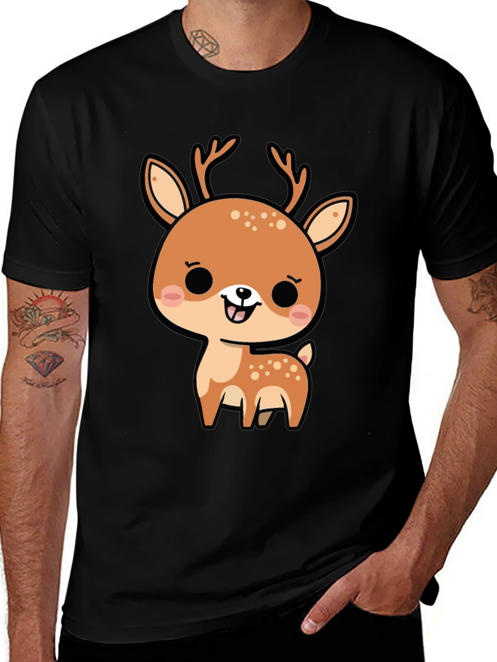 Cute Cartoon Deer Graphic Black T-Shirt