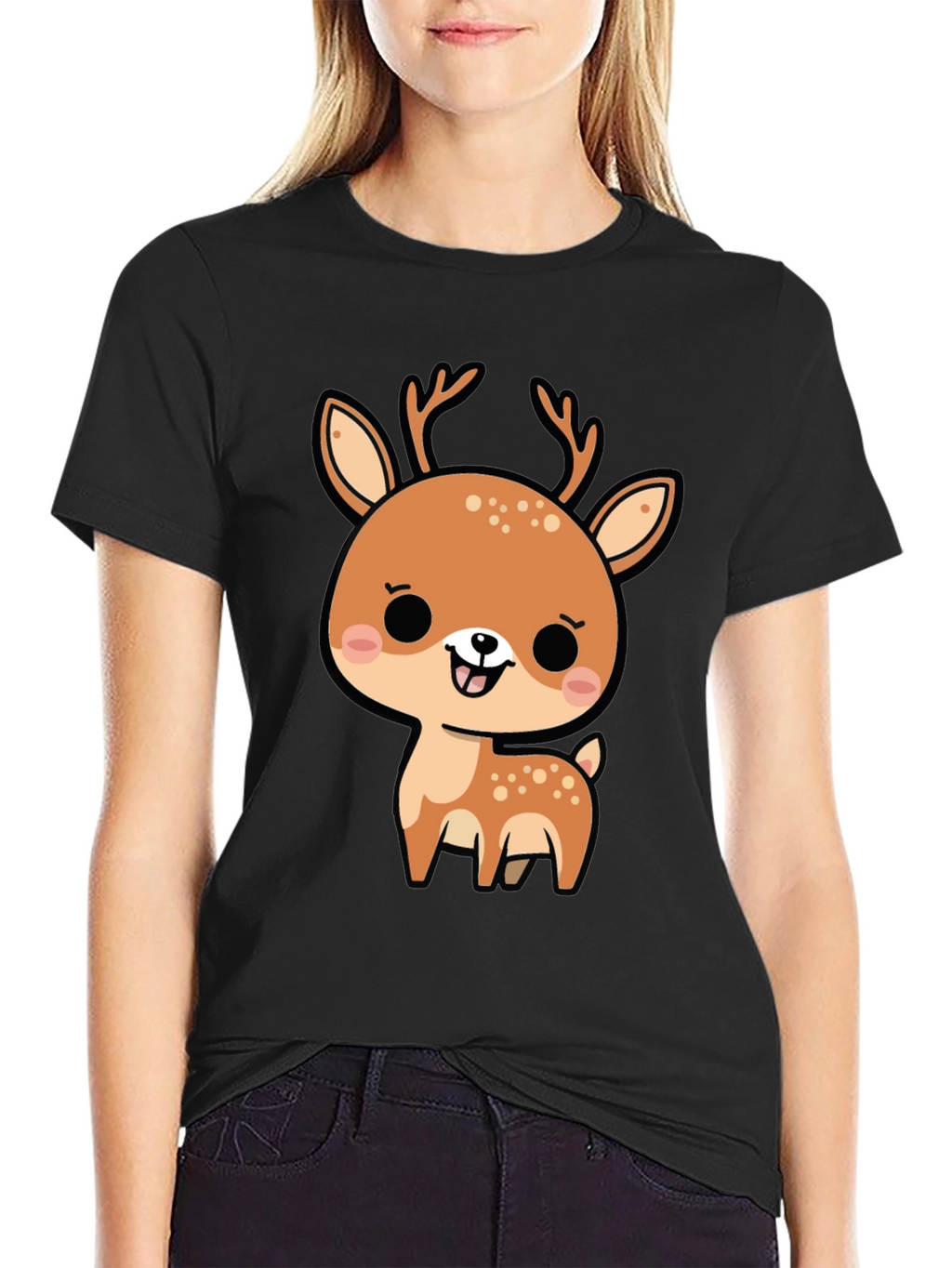 Cute Cartoon Deer Graphic Black T-Shirt