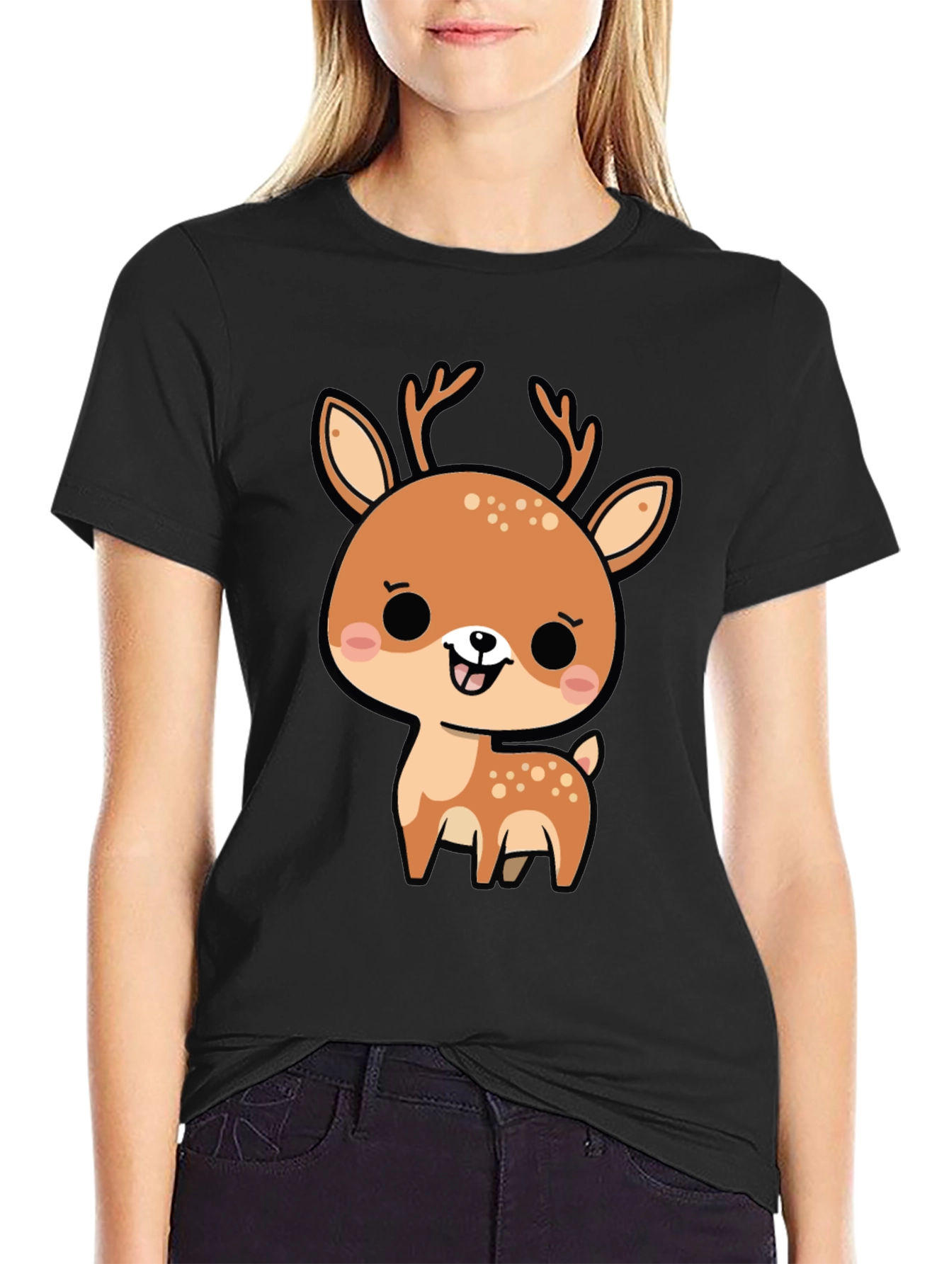 Cute Cartoon Deer Graphic Black T-Shirt