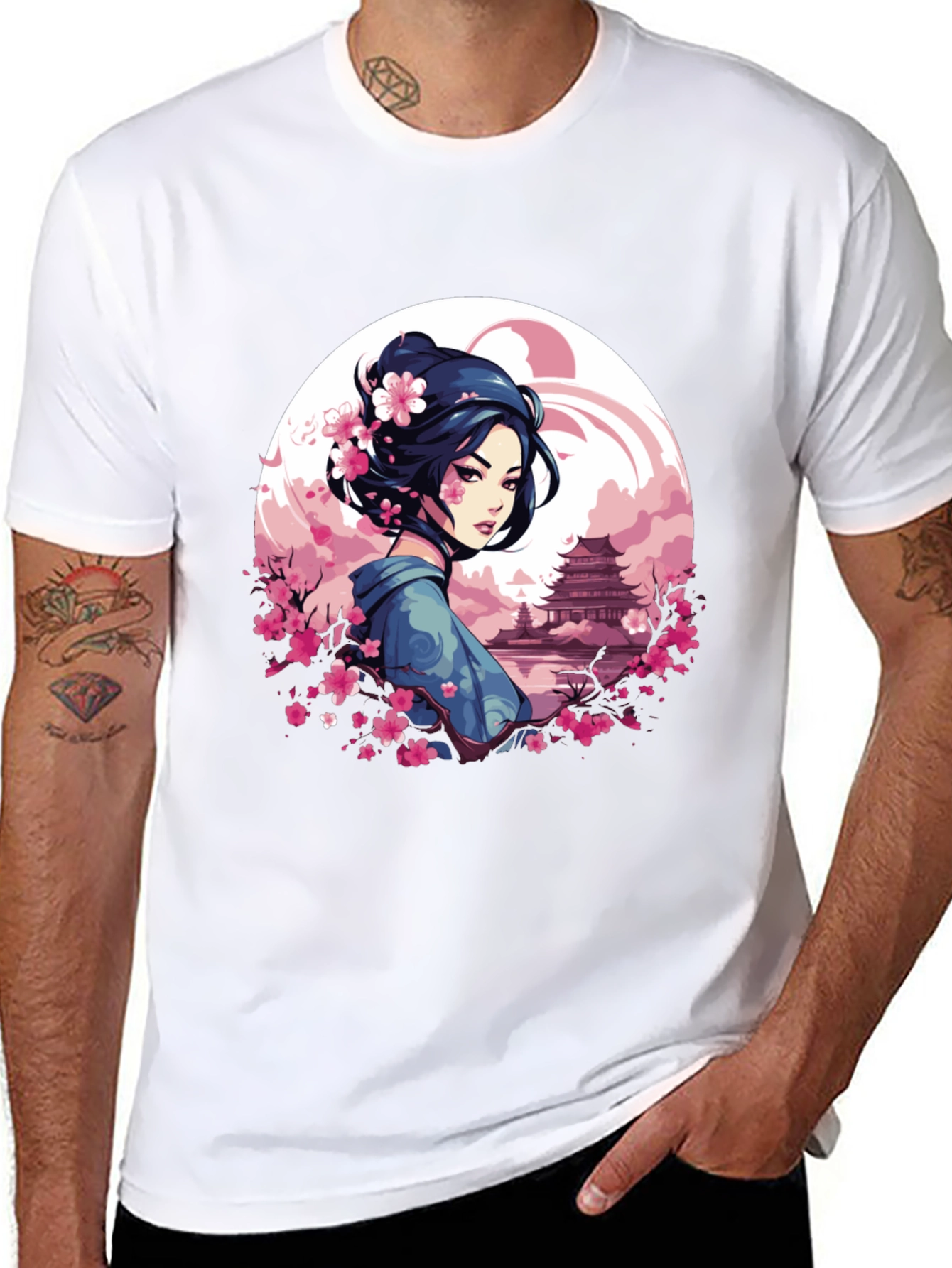 Geisha Sakura Art Black T-Shirt