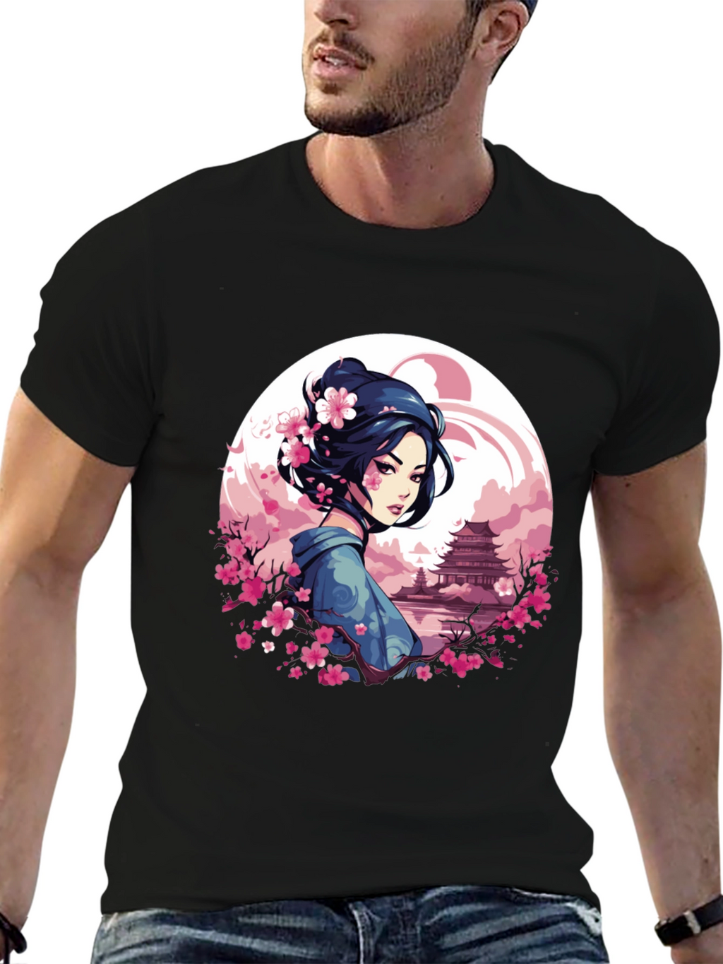 Geisha Sakura Art Black T-Shirt