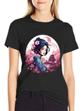 Geisha Sakura Art Black T-Shirt