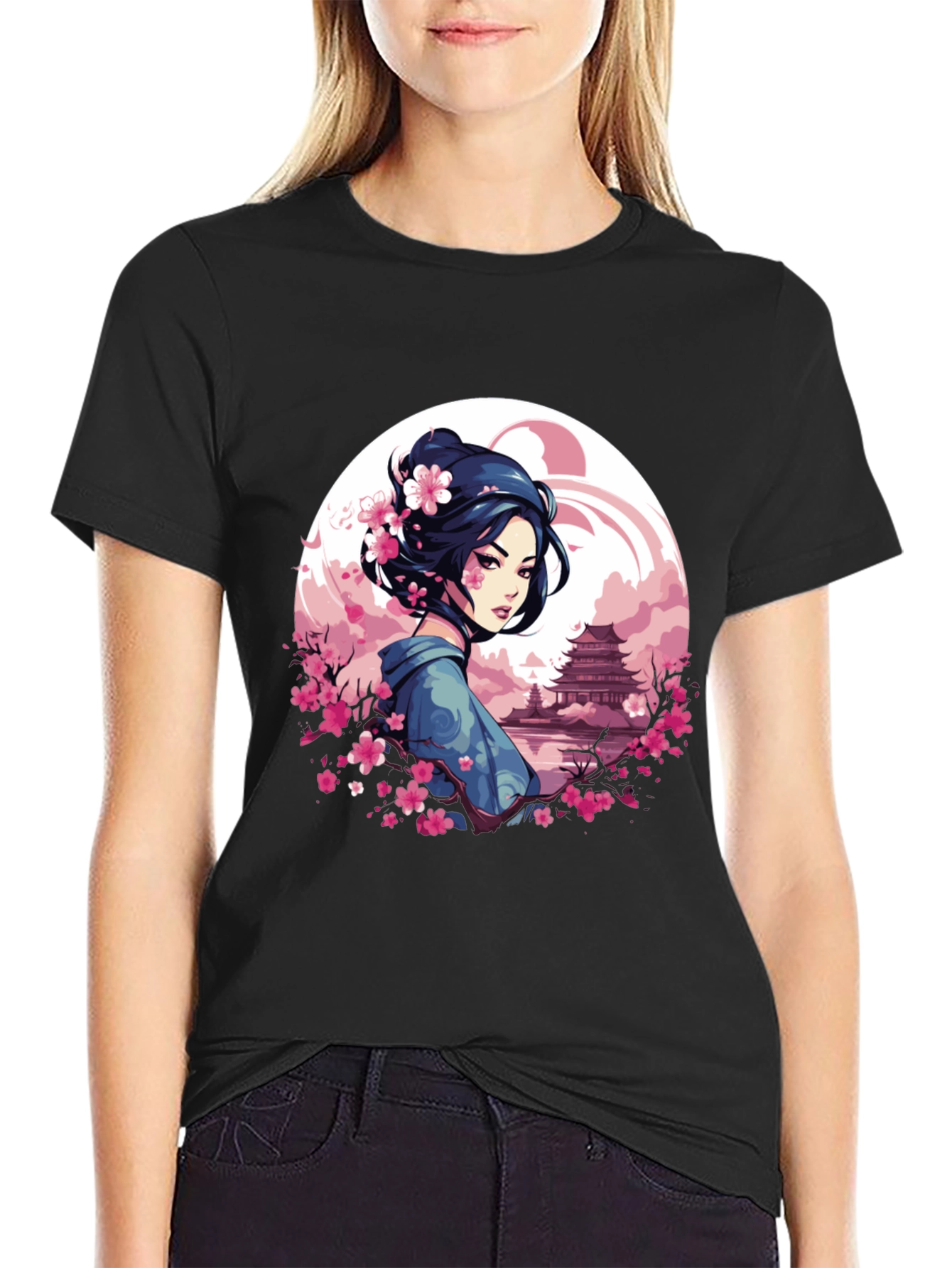Geisha Sakura Art Black T-Shirt