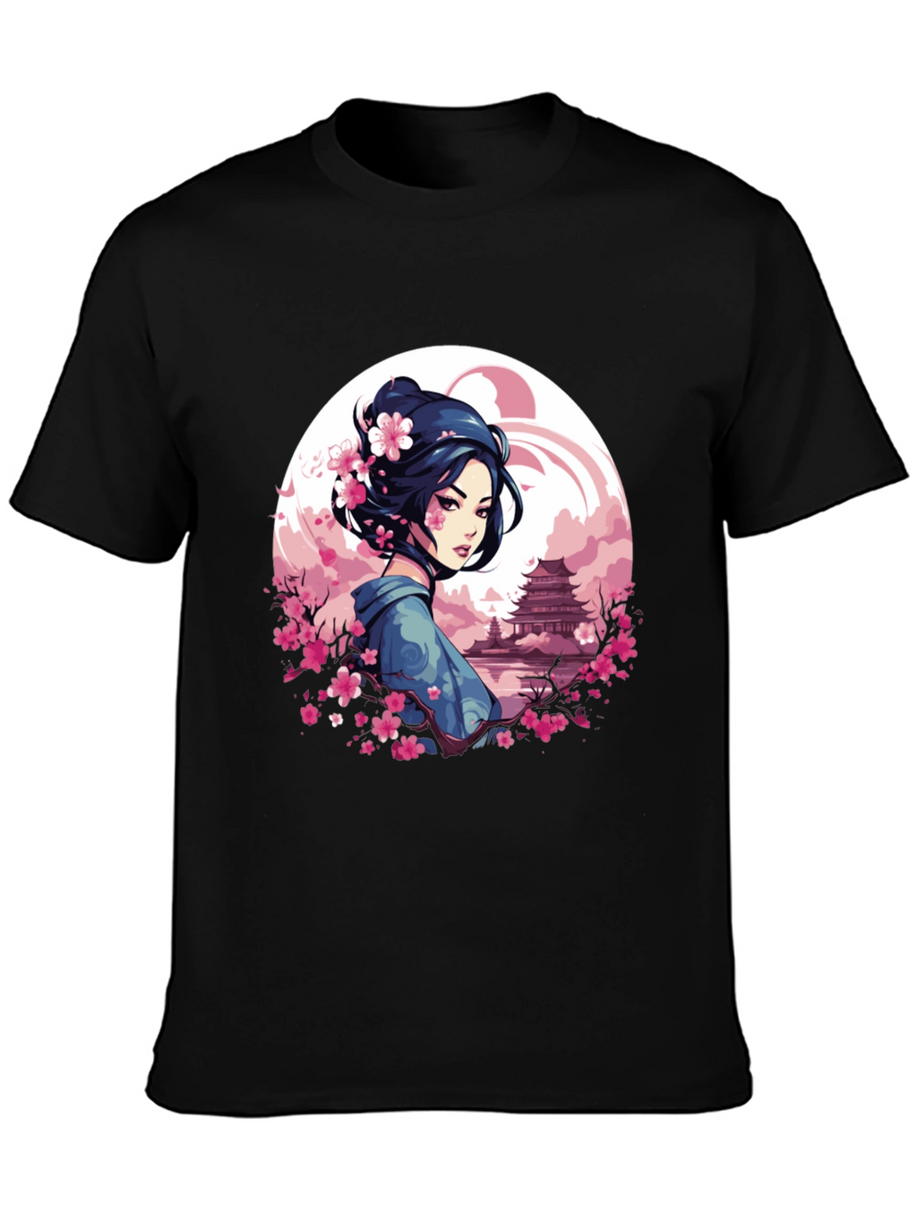 Geisha Sakura Art Black T-Shirt