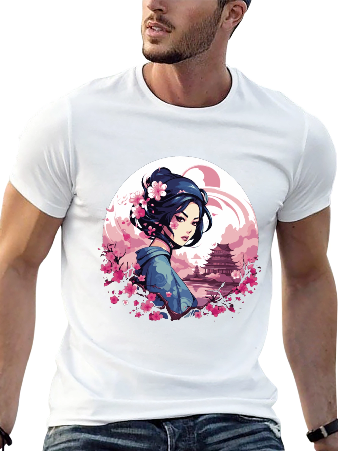 Geisha Sakura Art Black T-Shirt
