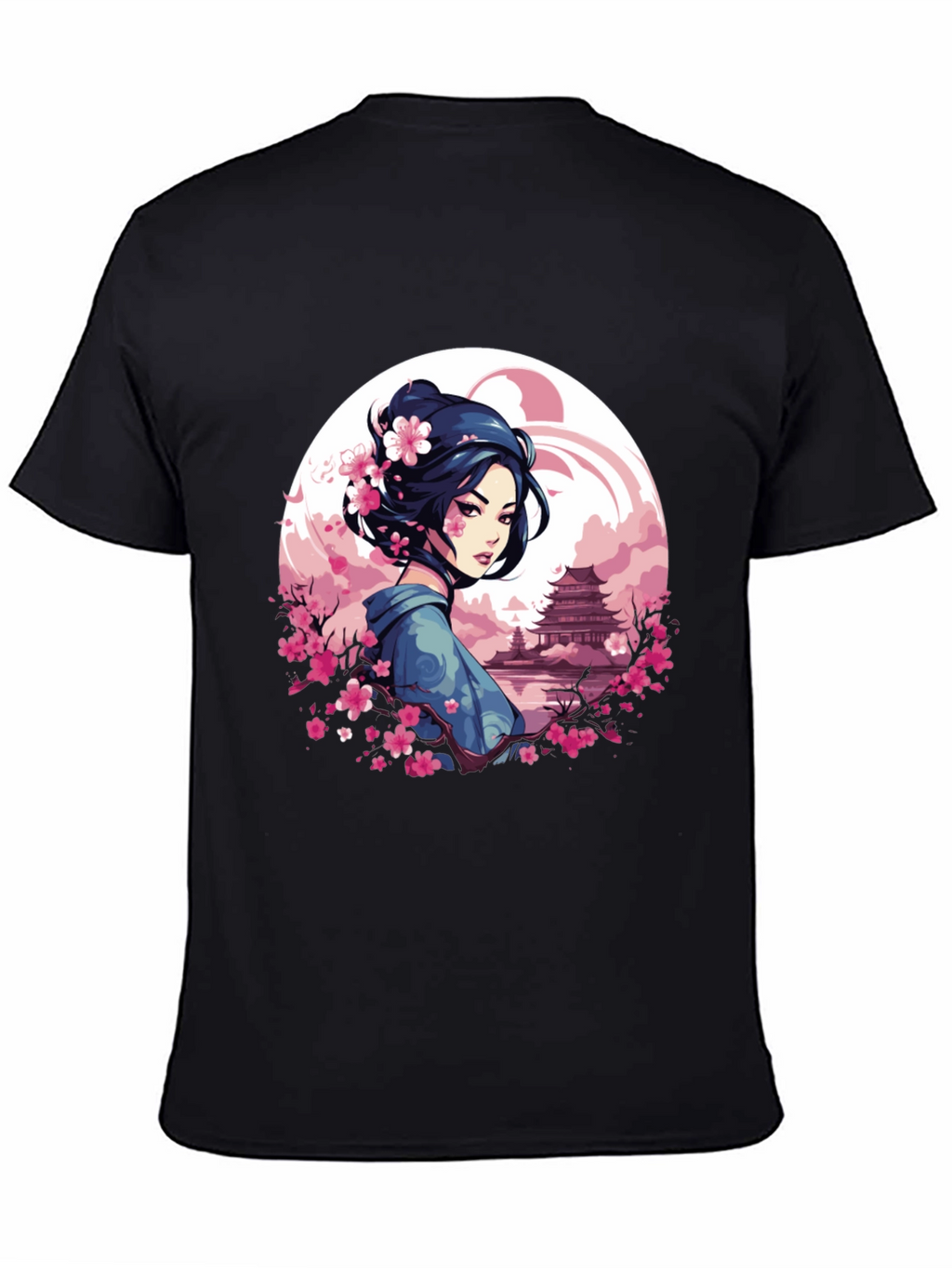 Geisha Sakura Art Black T-Shirt