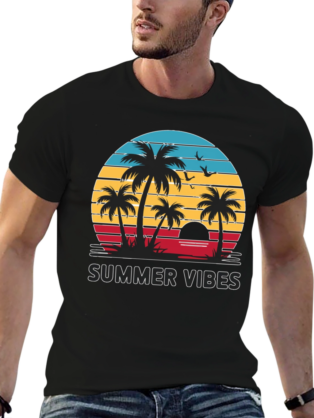 Summer Vibes Graphic Tee - Palm Tree Sunset Design