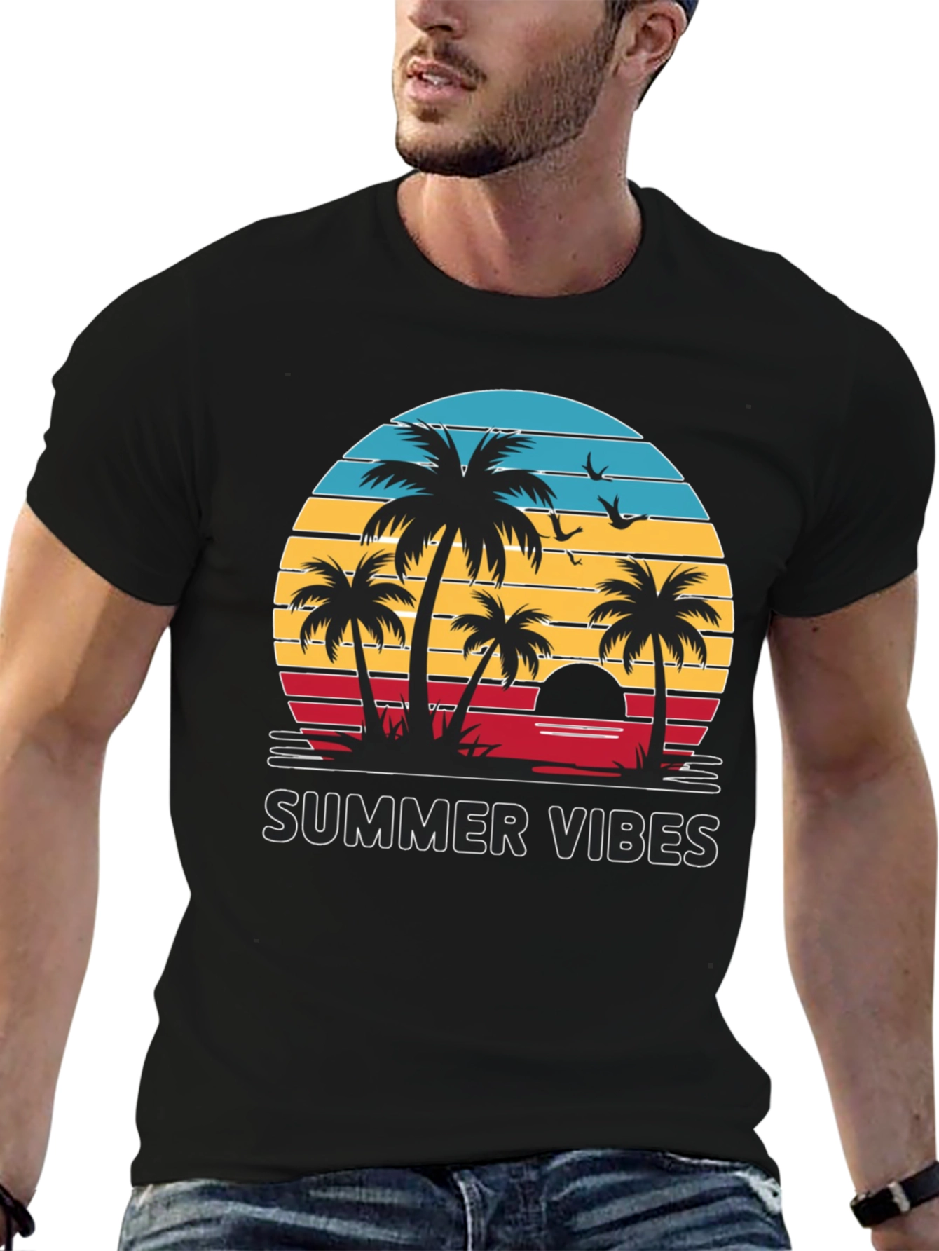 Summer Vibes Graphic Tee - Palm Tree Sunset Design