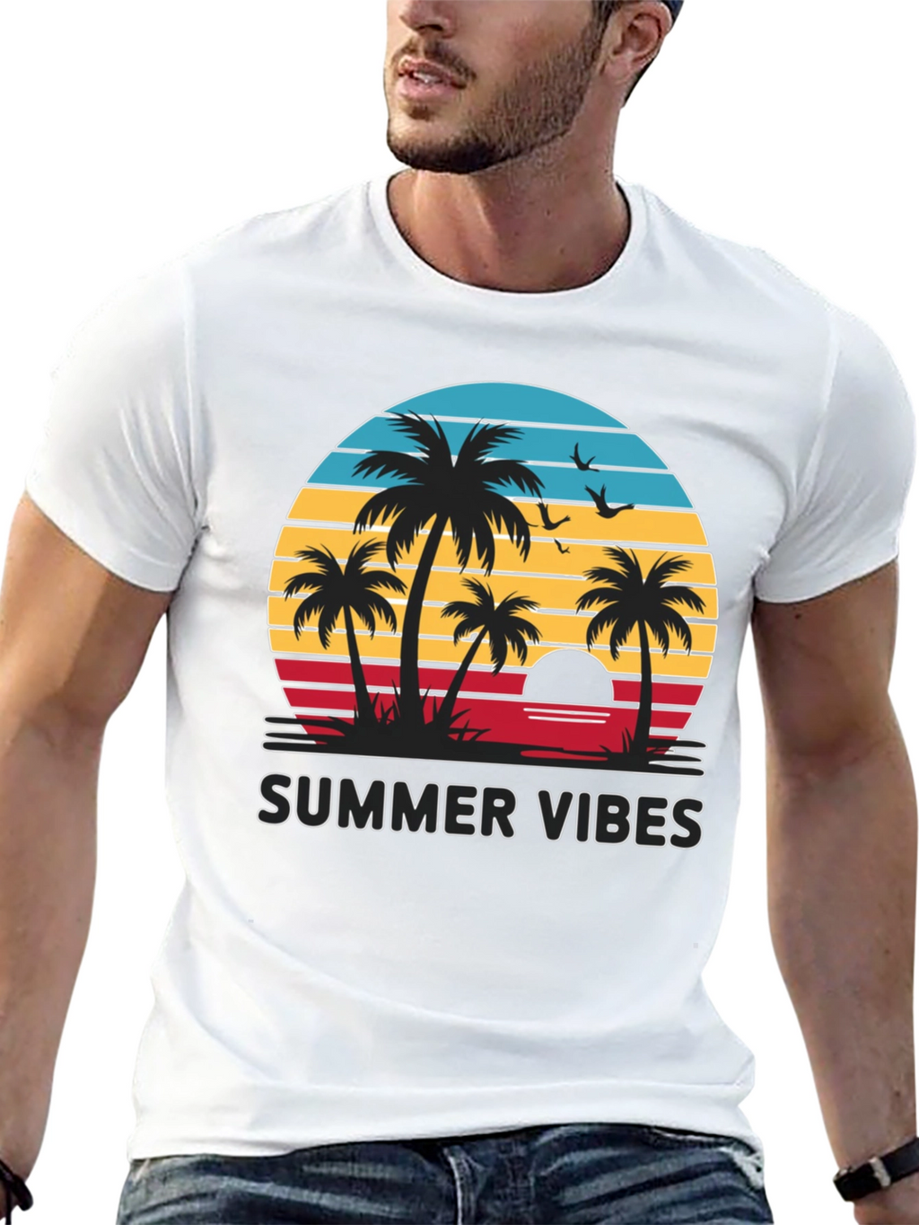 Summer Vibes Graphic Tee - Palm Tree Sunset Design