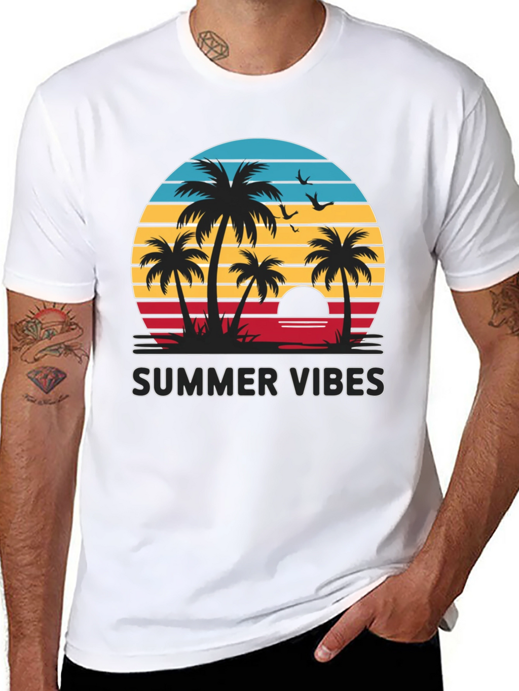 Summer Vibes Graphic Tee - Palm Tree Sunset Design
