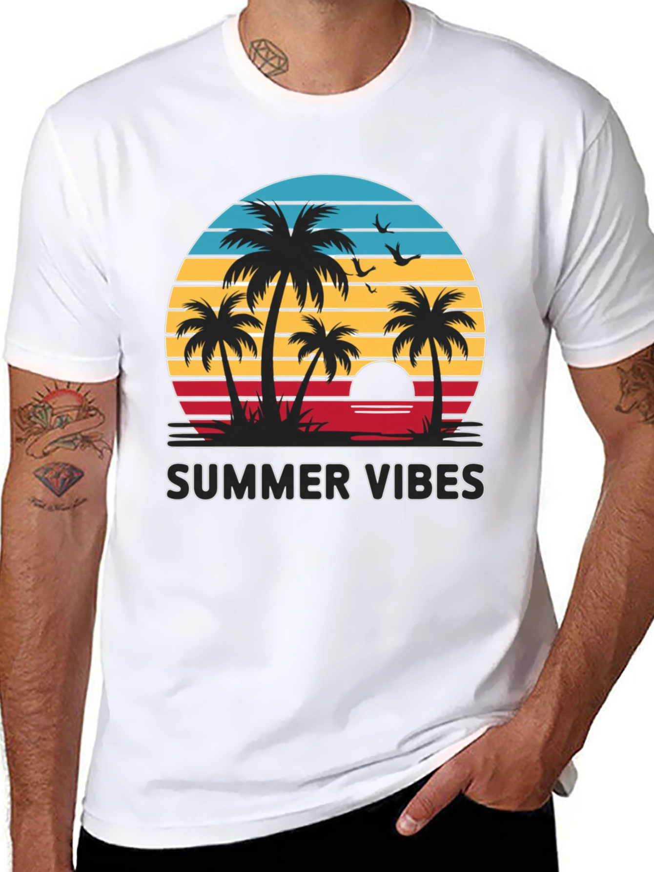 Summer Vibes Graphic Tee - Palm Tree Sunset Design