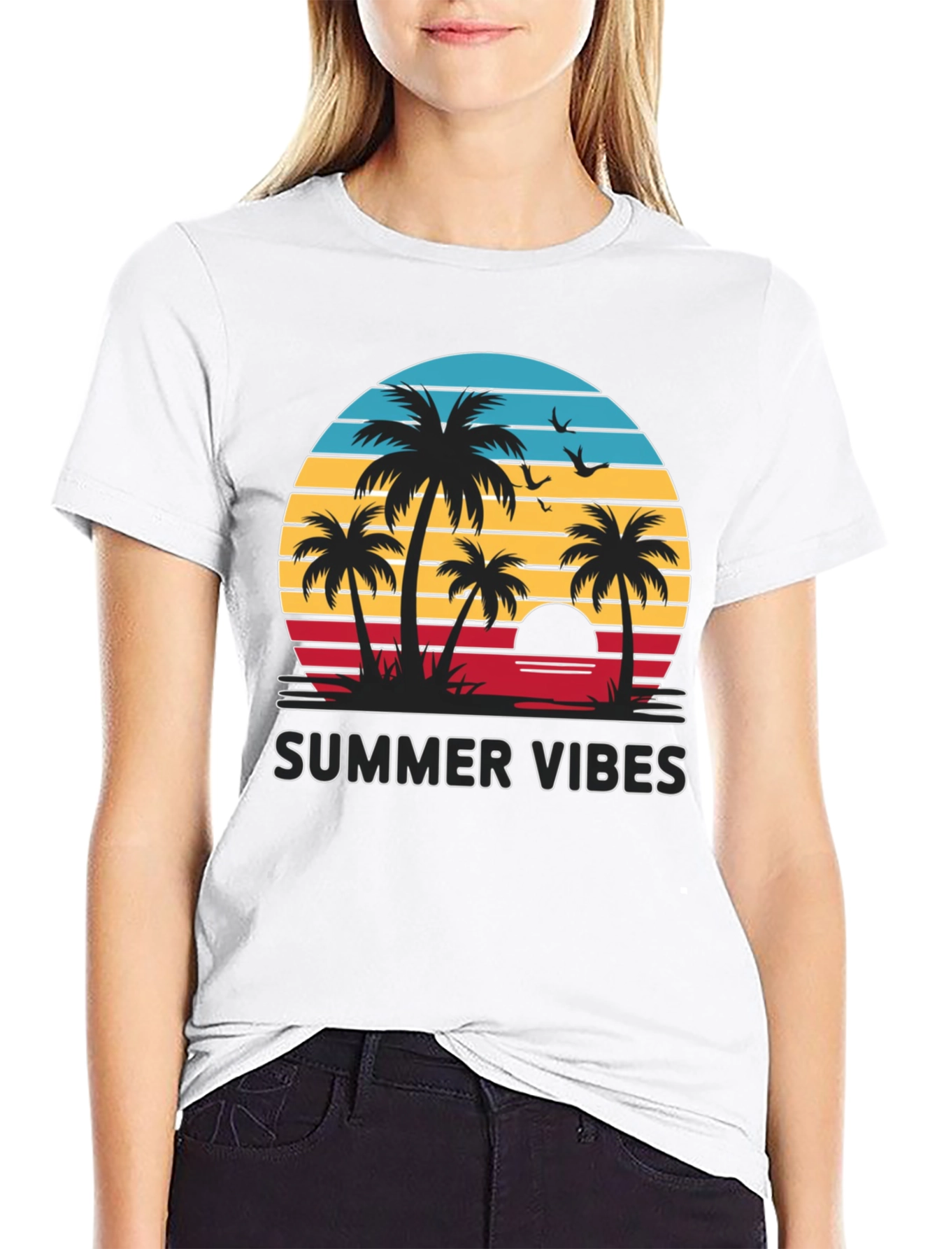 Summer Vibes Graphic Tee - Palm Tree Sunset Design