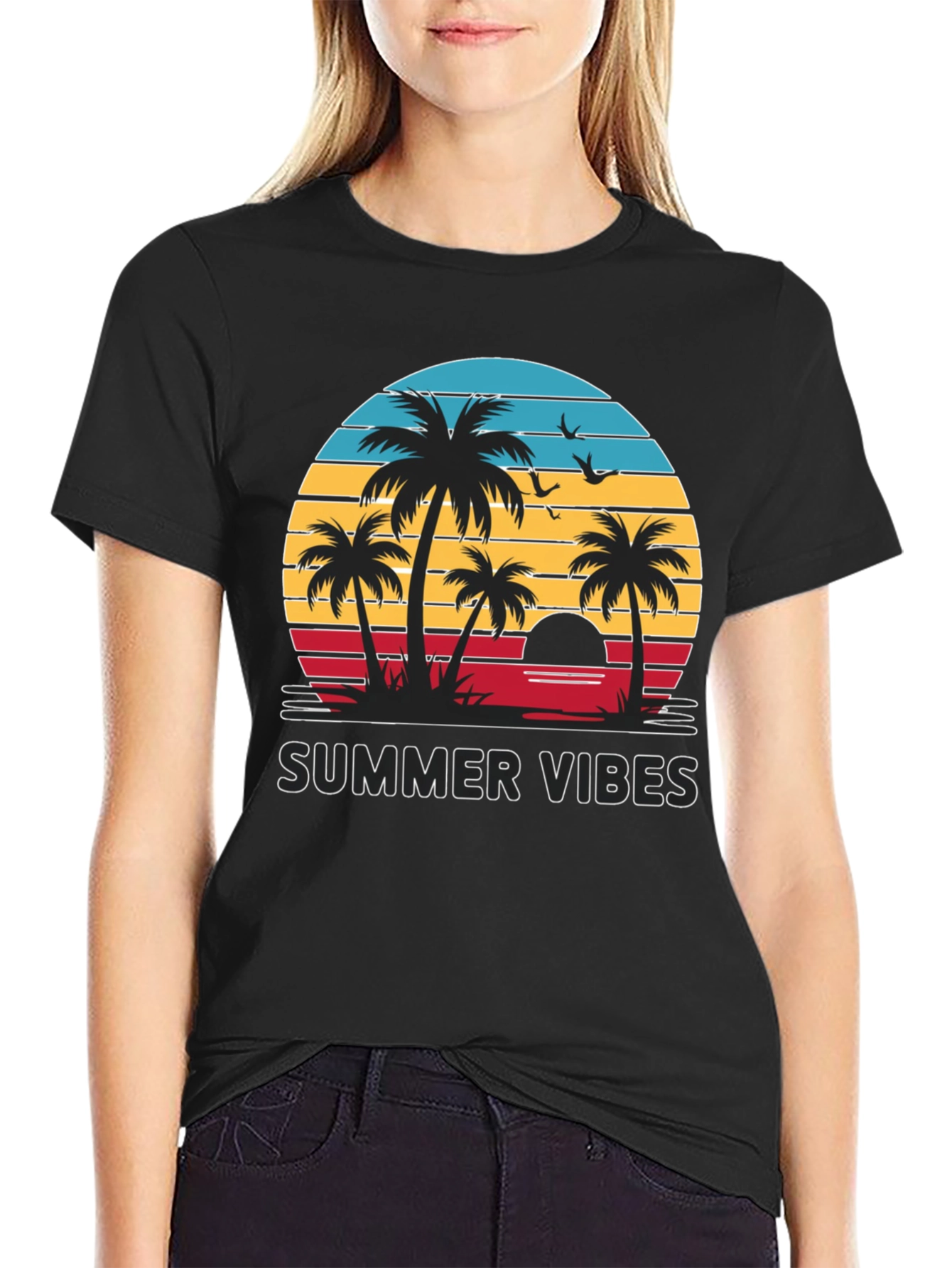 Summer Vibes Graphic Tee - Palm Tree Sunset Design