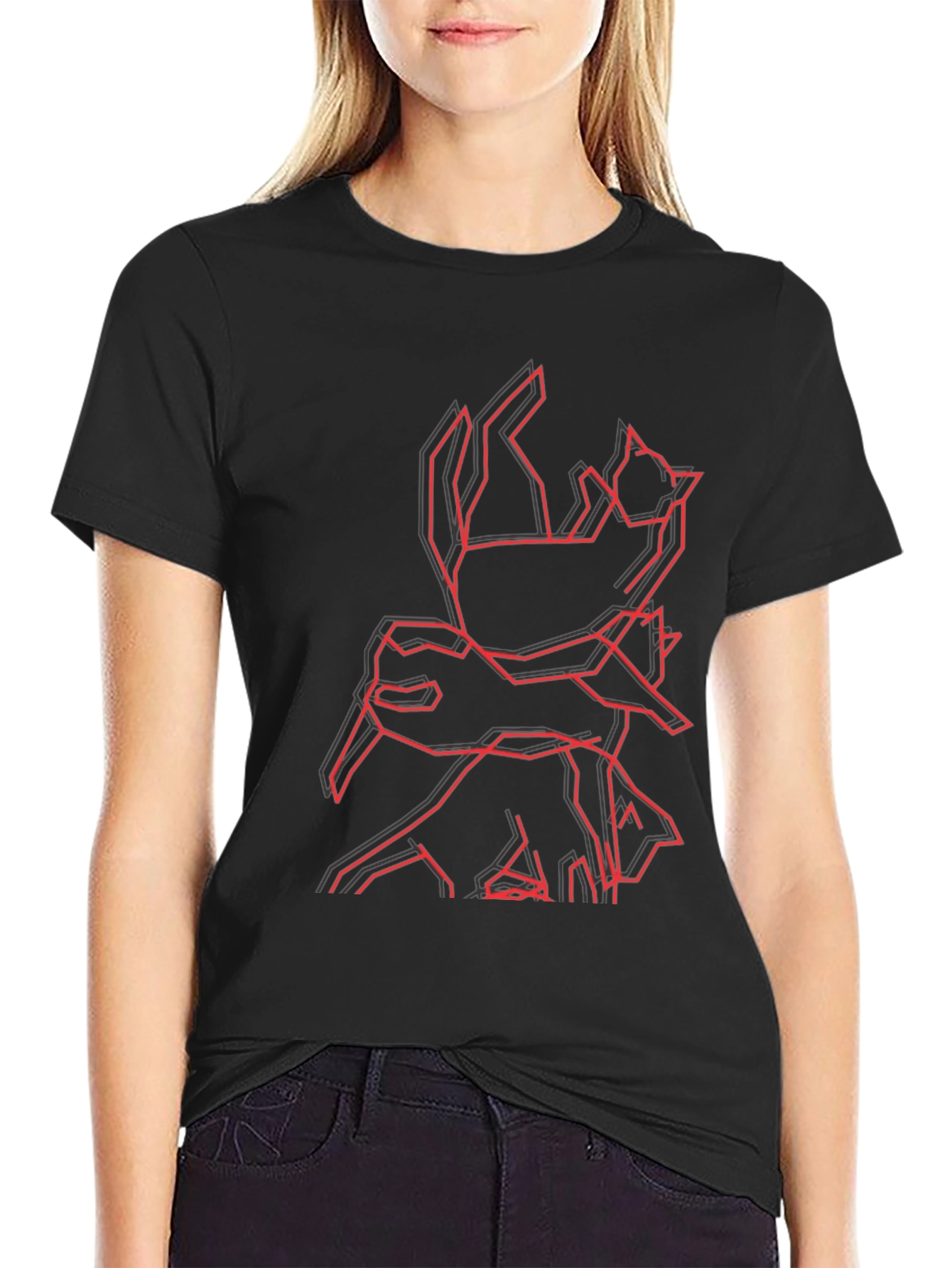 Geometric Cat & Dog Graphic Black T-Shirt