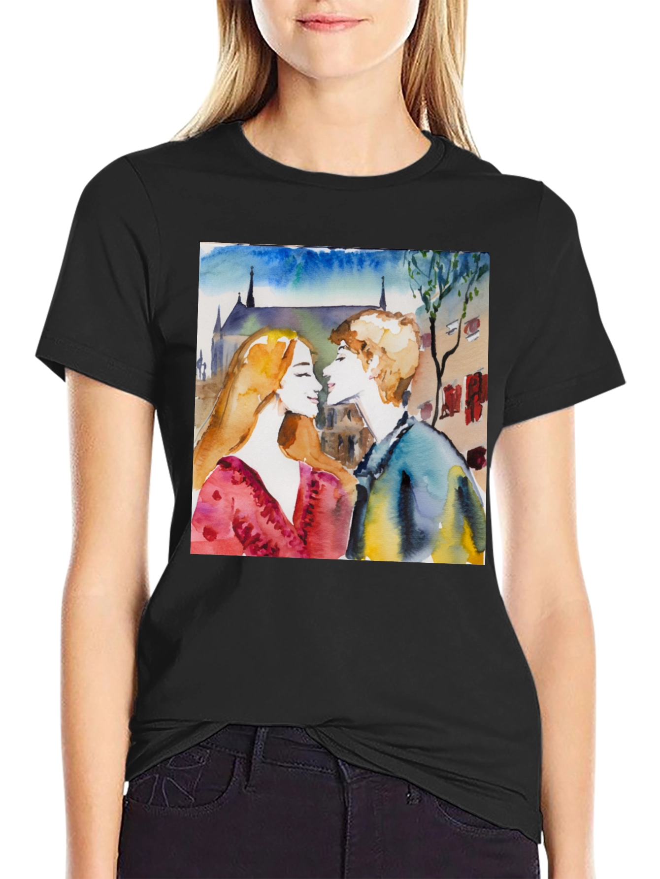 Watercolor Couple Black T-Shirt
